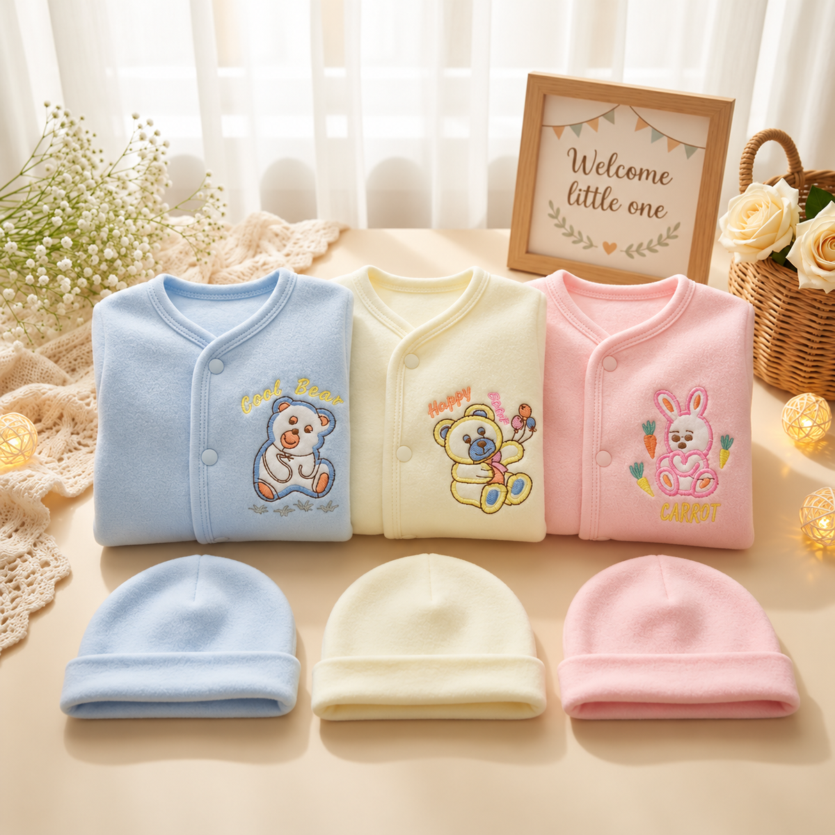Light Blue, Cream and Pink newborn fleece baby suits with folded-brim caps, featuring bear, flower-holding teddy and bunny embroidery on wrap shirts.