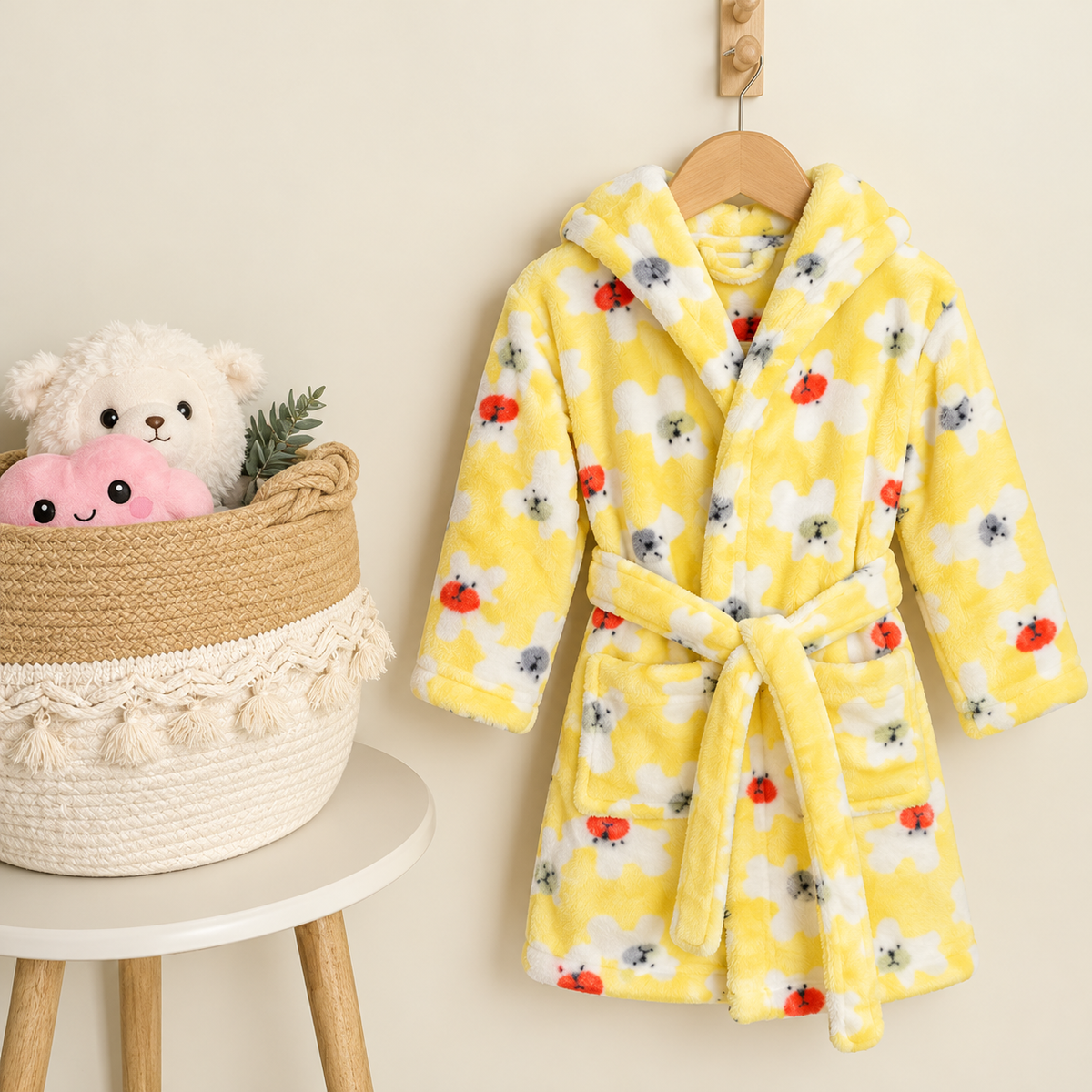 Yellow plush hooded kids bath robe with floral, small animal and red ladybird-style print, shown hanging with its waist belt tied.