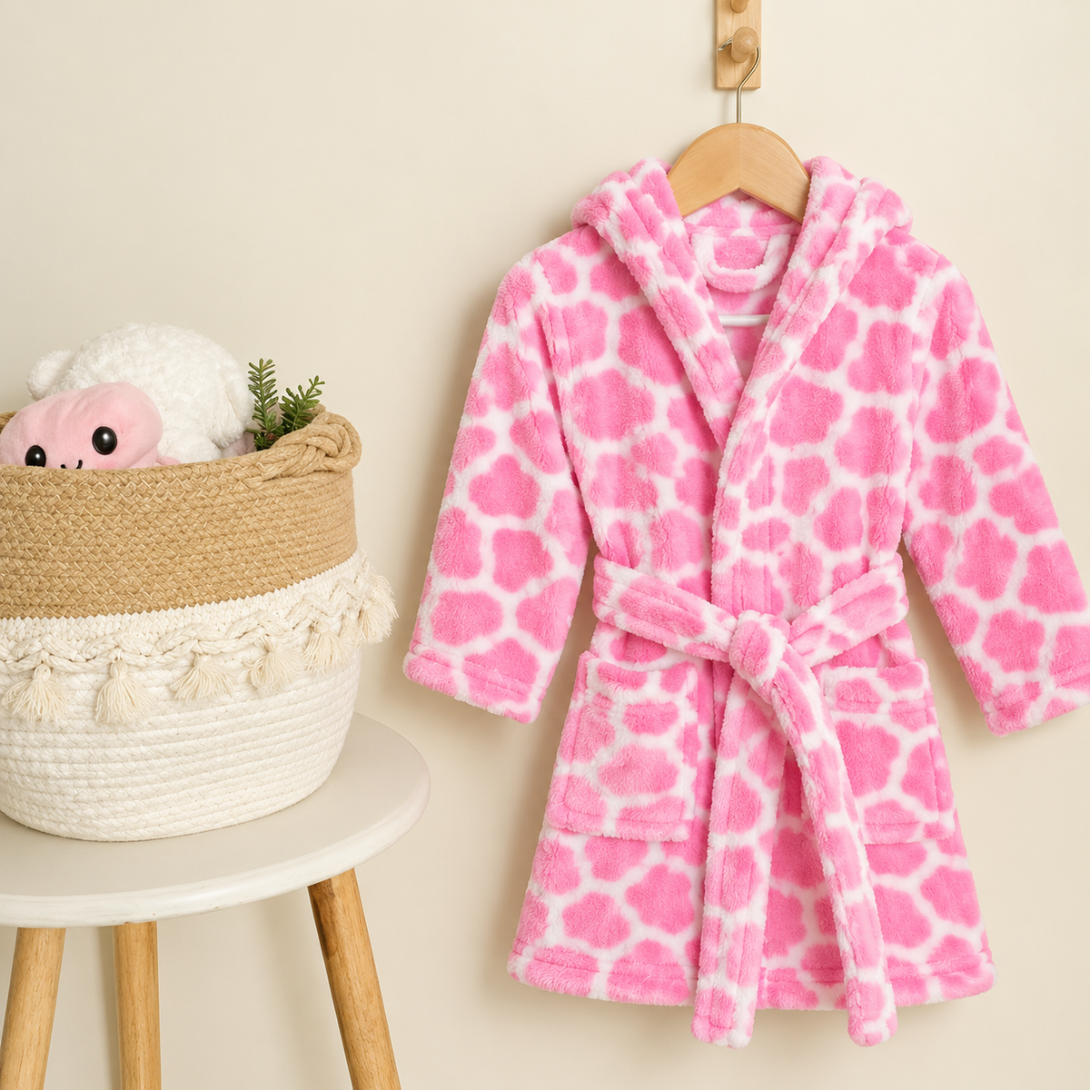 Pink plush hooded kids bath robe with White geometric print, matching waist tie and front patch pockets on a hanger.