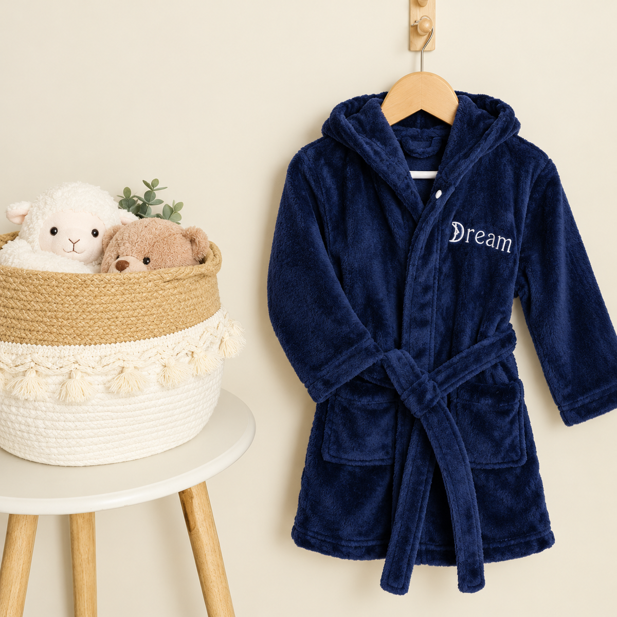 Navy Blue plush hooded kids bath robe on a hanger with a tied belt, patch pockets and embroidered-look Dream chest detail.
