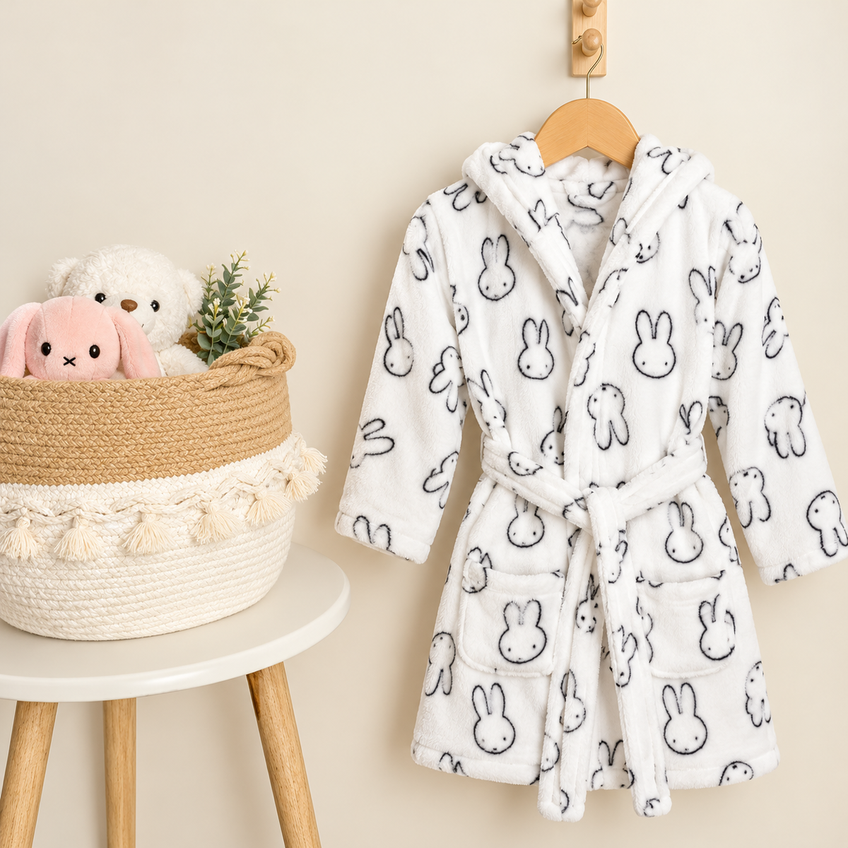 White plush kids hooded bath robe with outlined bunny face print, wrap front, waist tie and two front patch pockets.