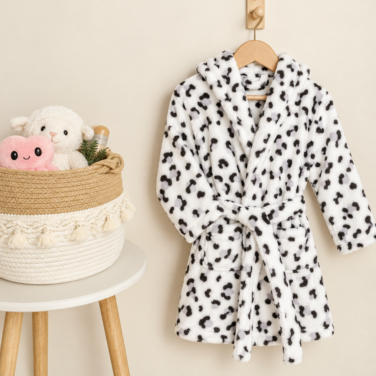 White plush kids bath robe with Black irregular spotted print hanging on a wooden hanger, styled with a hood and tied belt.