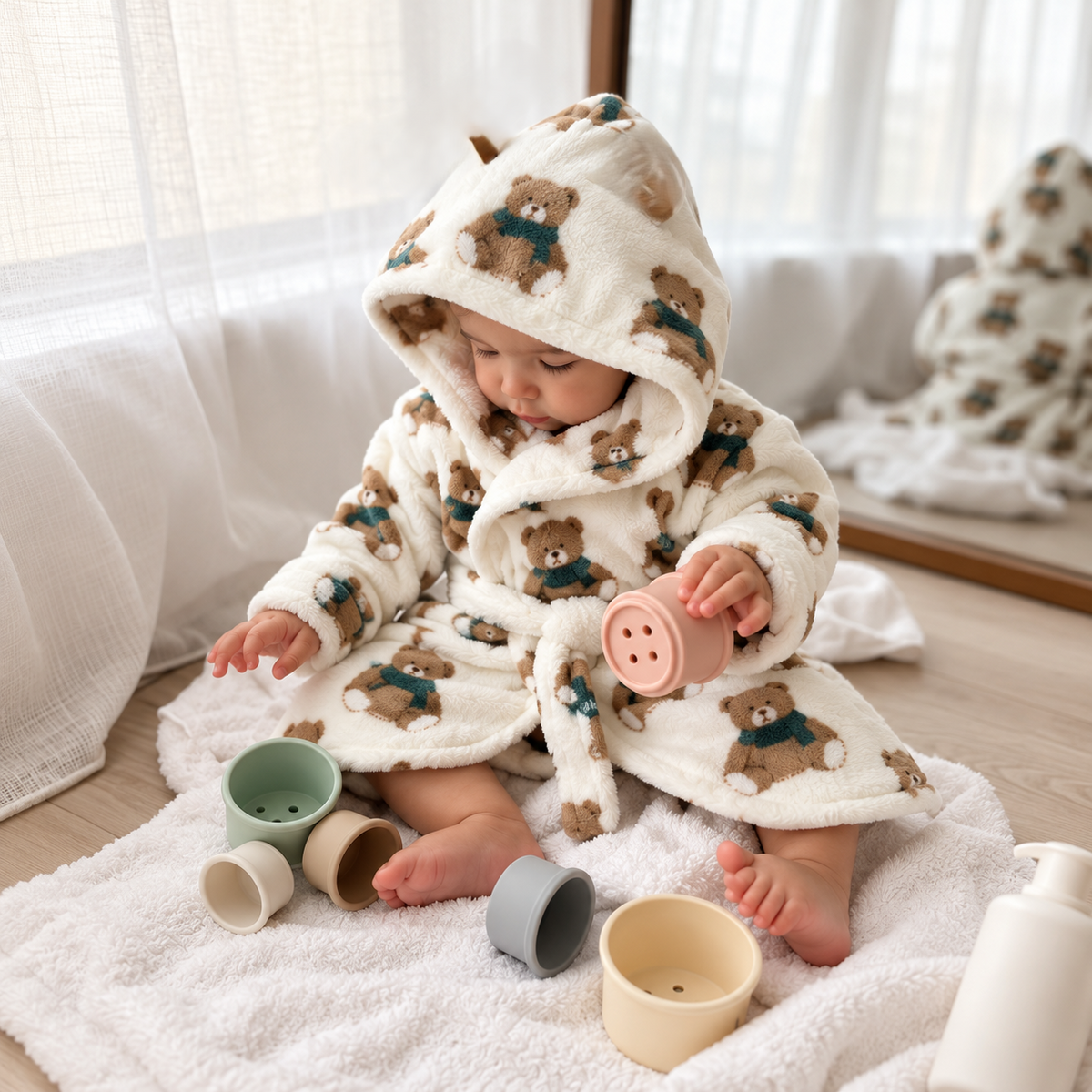 Baby wearing a Cream plush hooded bath robe with teddy bear print, tied waist belt and patch pockets while seated on a white towel.