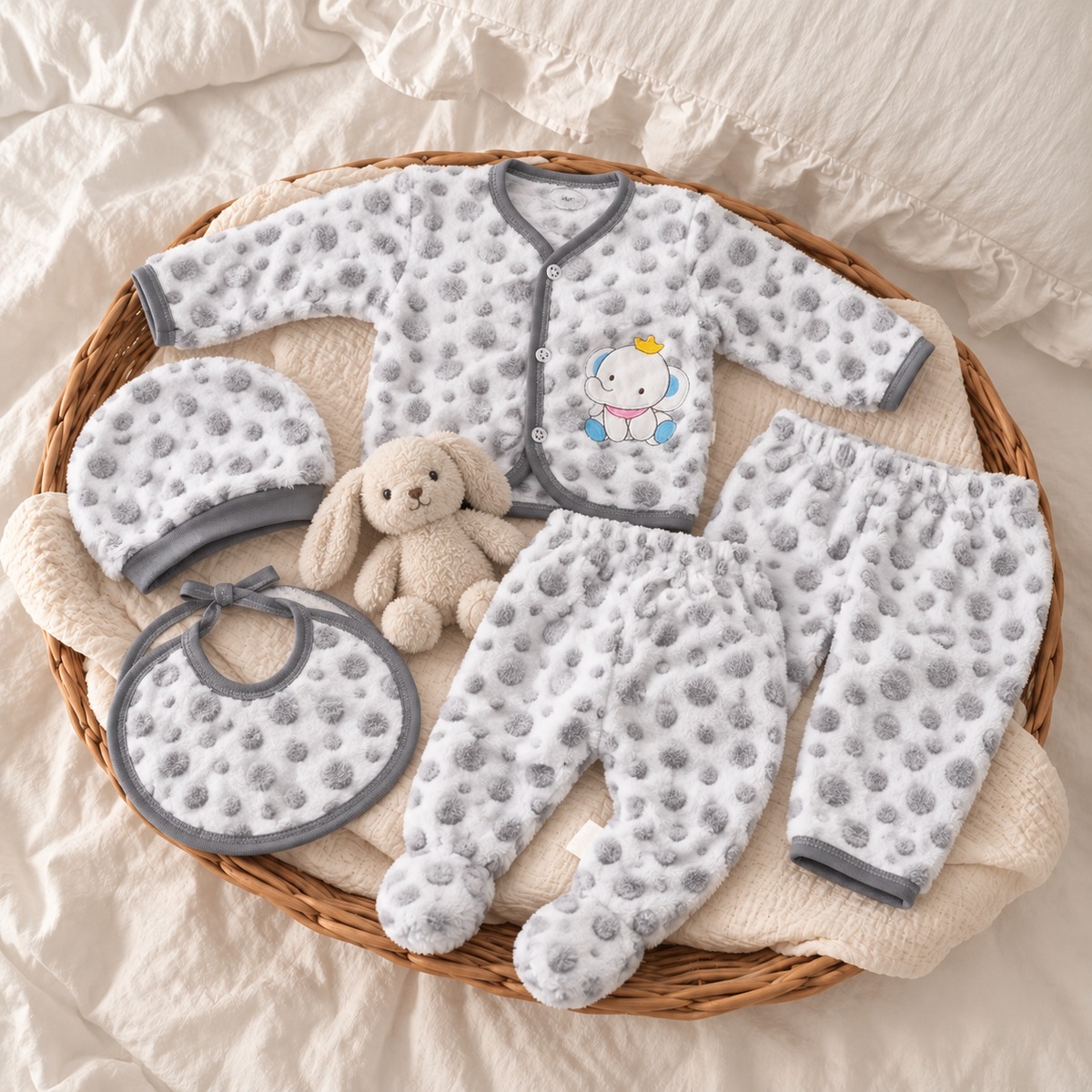 Grey dotted shaggy soft 5-piece baby starter set presented in a wicker basket, featuring a crowned elephant applique, grey contrast binding, cap, bib and two trousers.