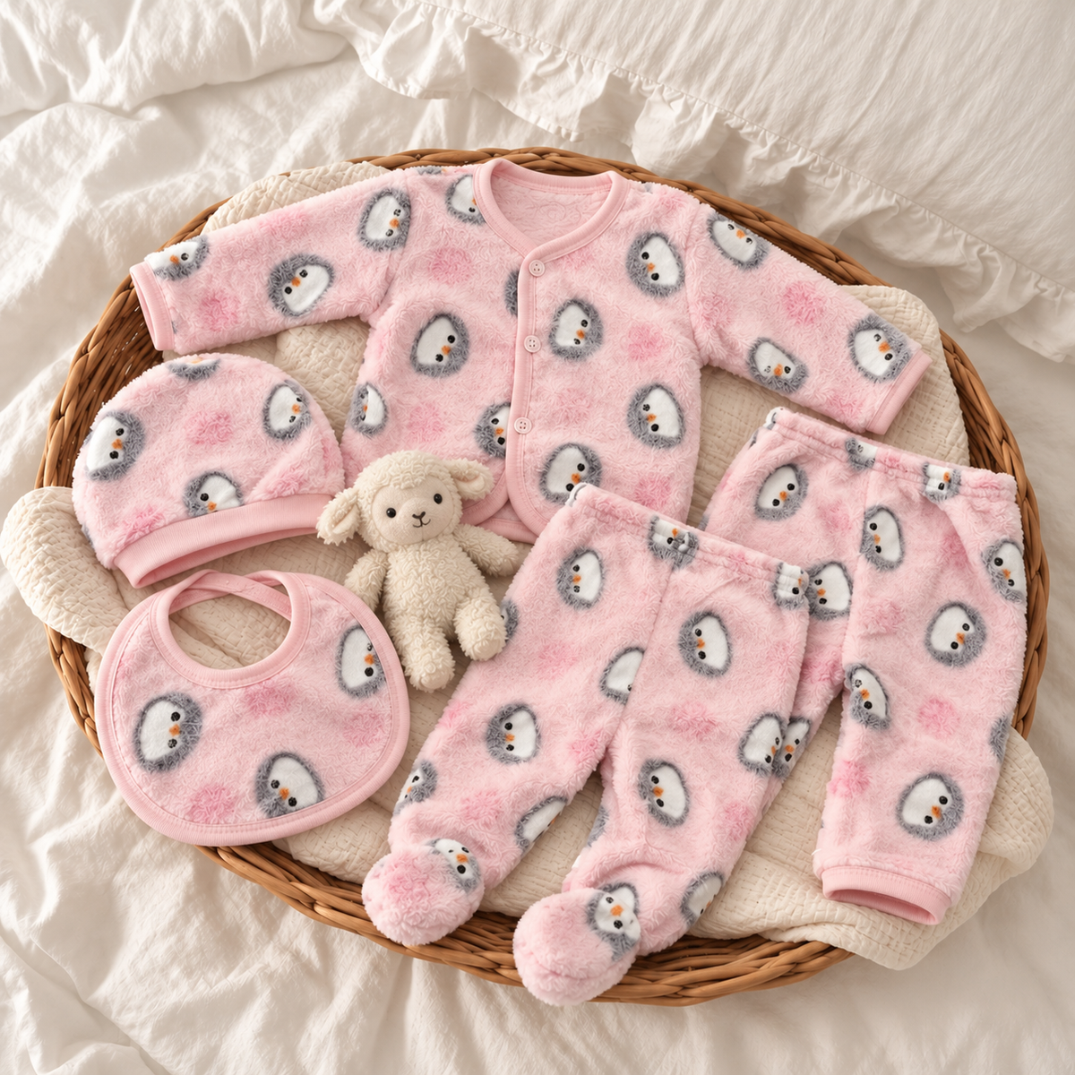 Pink penguin-print shaggy soft 5-piece baby starter set flat lay in a wicker basket, showing the round-neck button top, matching bib, cap and two trouser styles.