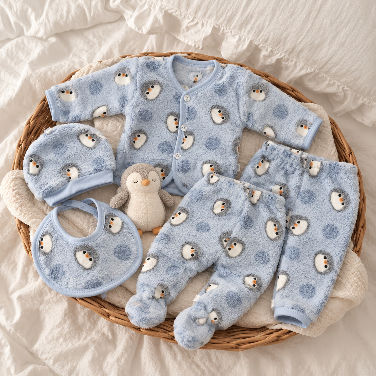 Blue penguin-print shaggy soft 5-piece baby starter set arranged in a wicker basket with a button-front top, cap, bib, footed trousers and cuffed trousers.
