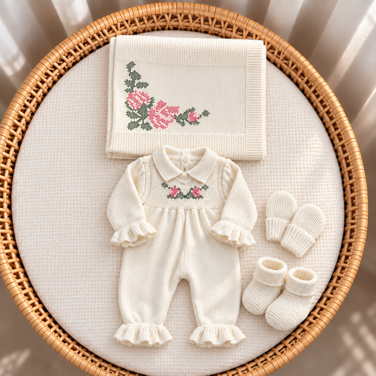 Cream baby rose embroidered knit 4-piece starter set flat lay in a wicker basket, highlighting the rose-pattern blanket, ruffle-trim romper, mittens and booties.