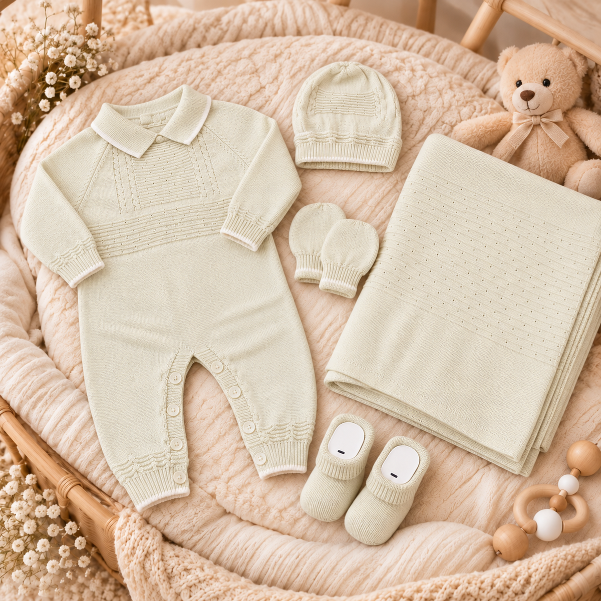 Soft Yellow baby knit starter set flat lay with a pointed-collar romper, matching ribbed accessories and a folded openwork-pattern blanket.