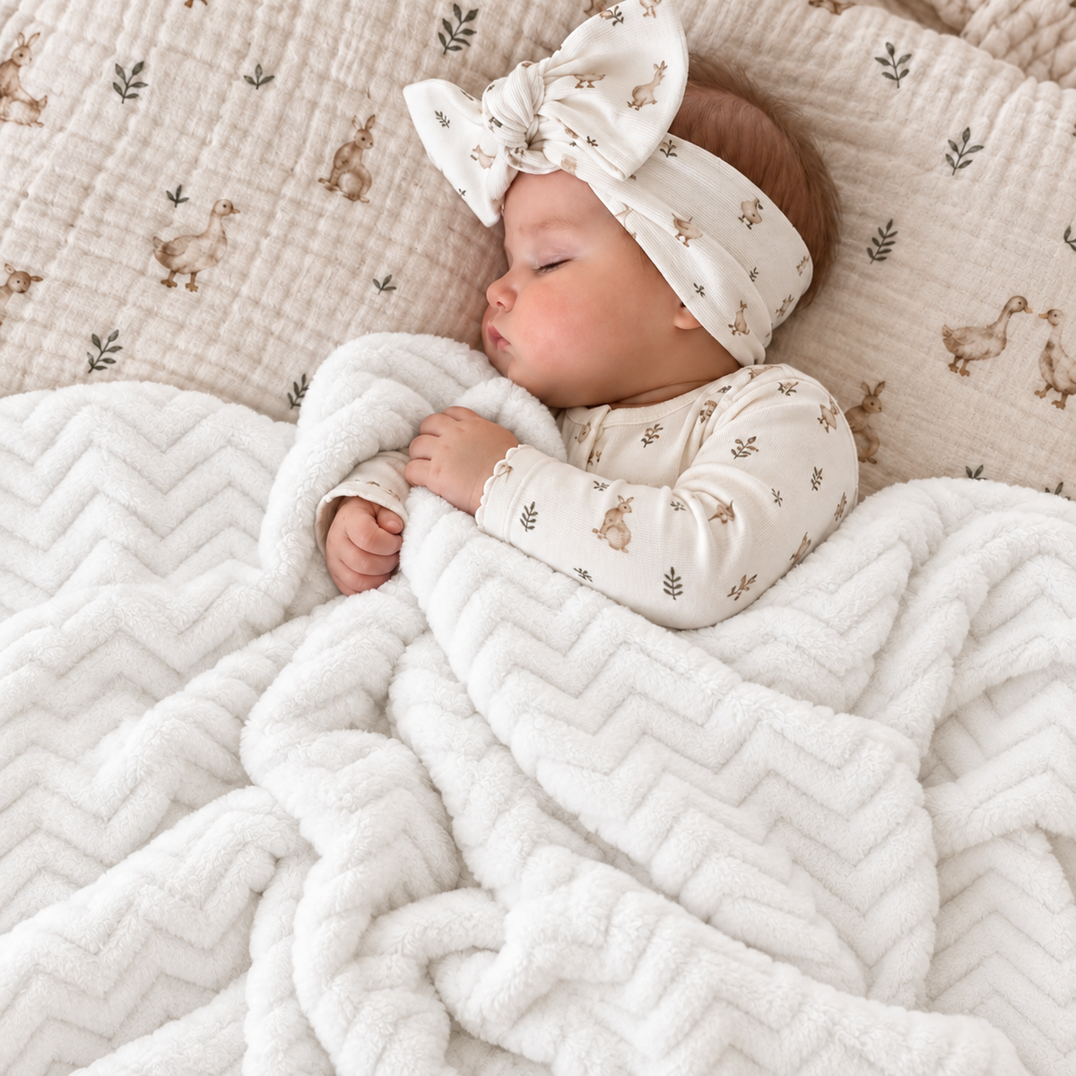 Sleeping baby tucked into a White shaggy plush blanket with a soft raised chevron pattern and neatly finished edge.