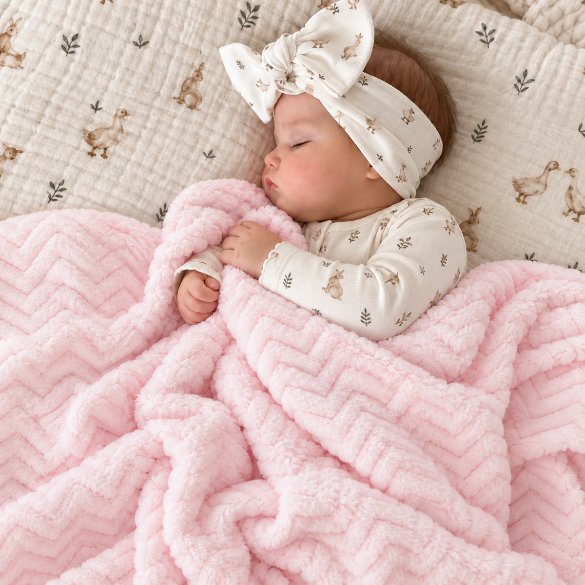 Sleeping baby wrapped in a soft Pink plush shaggy blanket with a raised chevron pattern, styled on a printed nursery blanket.