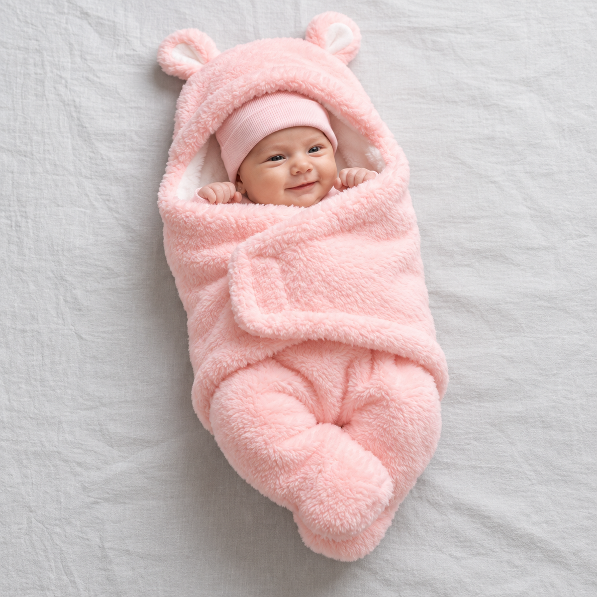 Pastel Pink plush baby swaddle shown on a baby with a bear-ear hood, face-framing hood opening and soft wrap-over front.