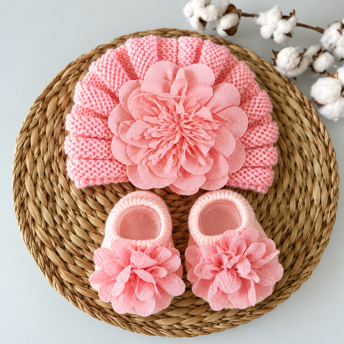 Peach baby flower turban cap and matching socks set on a woven mat, with softly pleated knit-look cap styling and layered flowers.