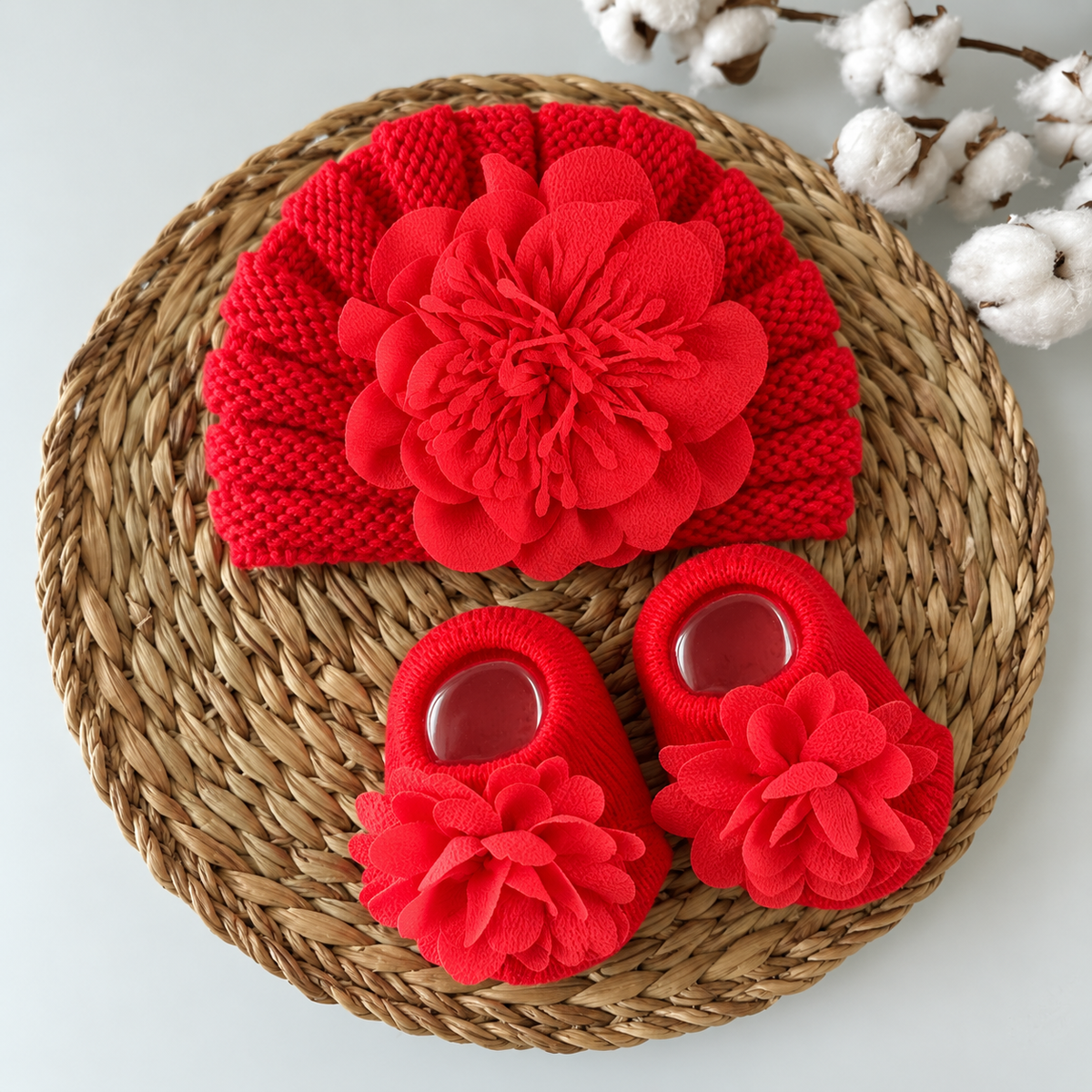 Red baby turban cap and socks 2-piece accessory set displayed overhead, featuring a gathered cap and large matching Red flowers.