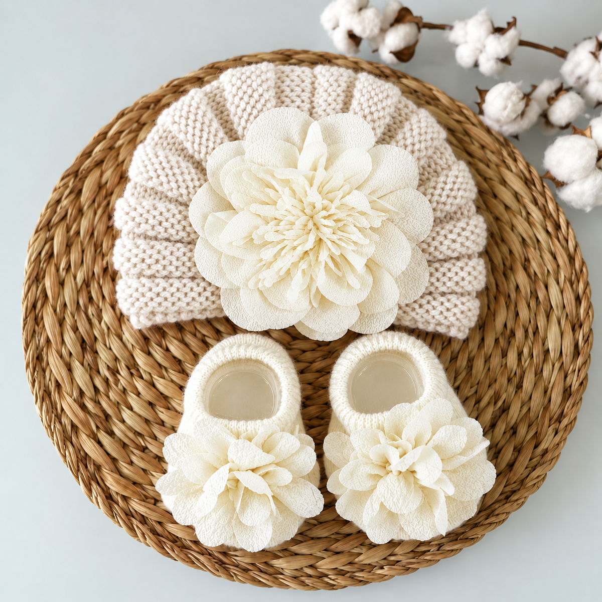 Cream baby turban cap and matching socks 2-piece set shown flat on a woven mat with coordinating oversized Cream flower details.