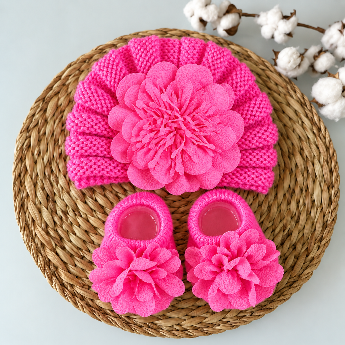Dark Pink baby flower turban cap and matching socks set displayed on a woven round mat, featuring large layered Pink flowers.