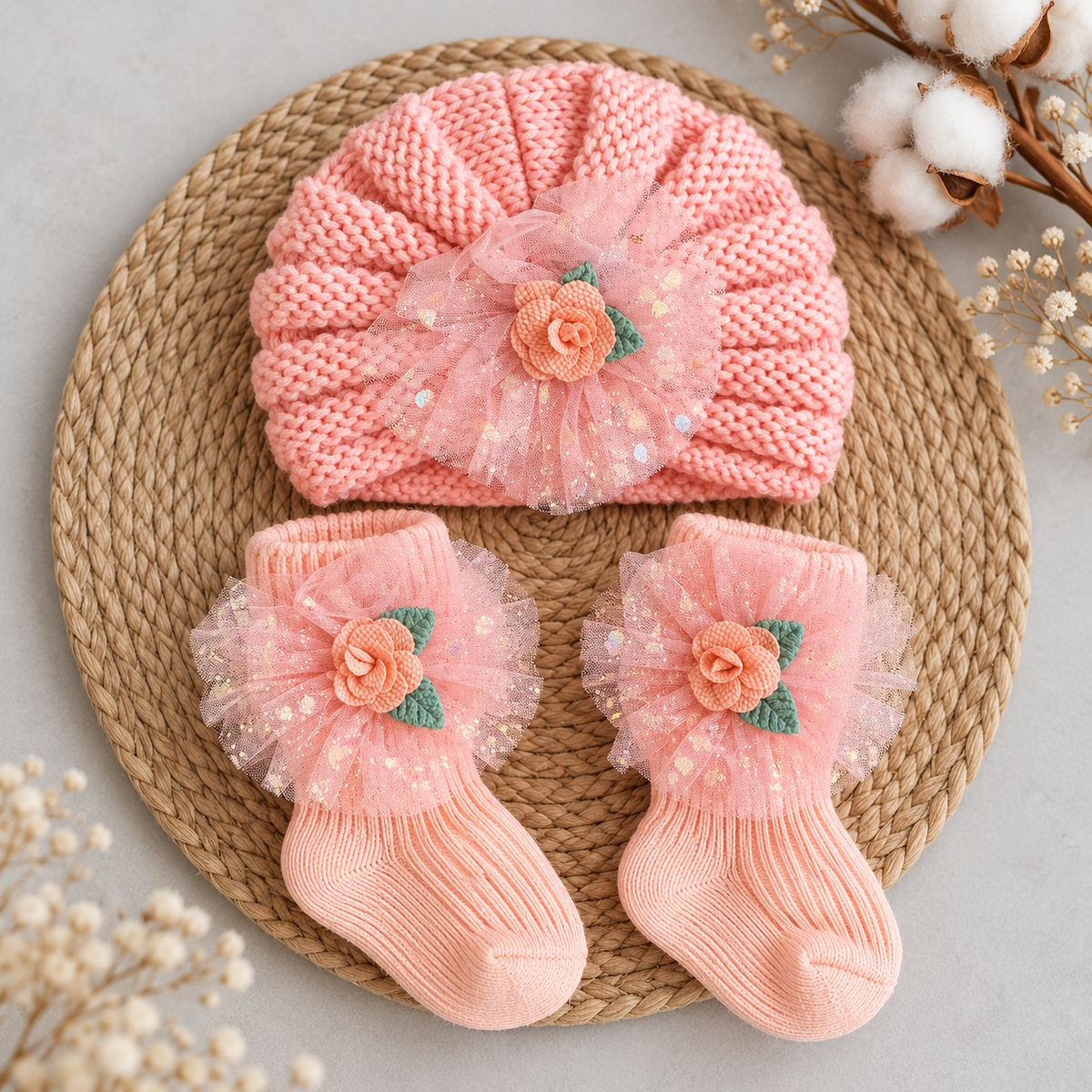 Peach baby gathered turban cap with matching ribbed ankle socks, featuring peach rose appliques and layered sparkling tulle flower details.