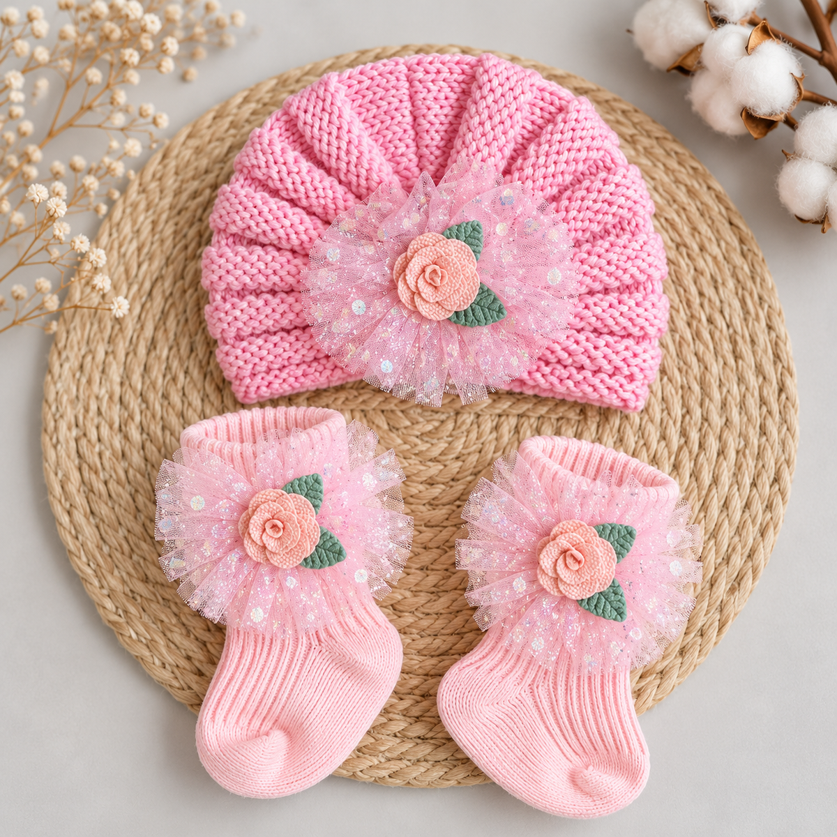 Light Pink baby textured turban cap and ankle socks set with peach-pink rose appliques, green leaves and sheer spotted tulle flowers.