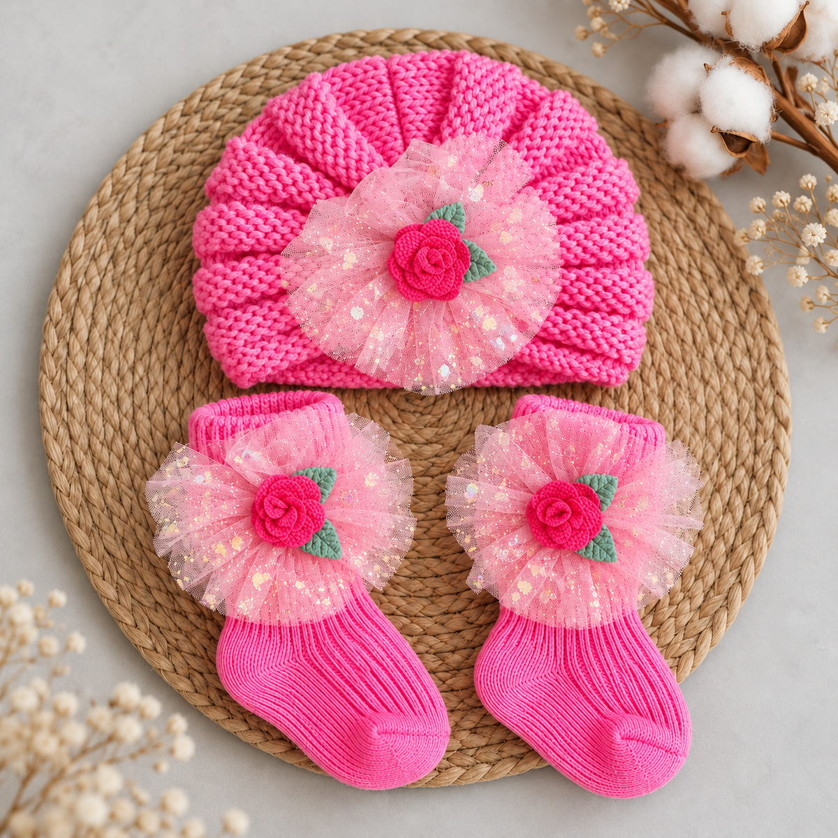 Dark Pink baby turban cap with matching ribbed ankle socks, styled with bright pink rose appliques and dotted pink tulle flower details.