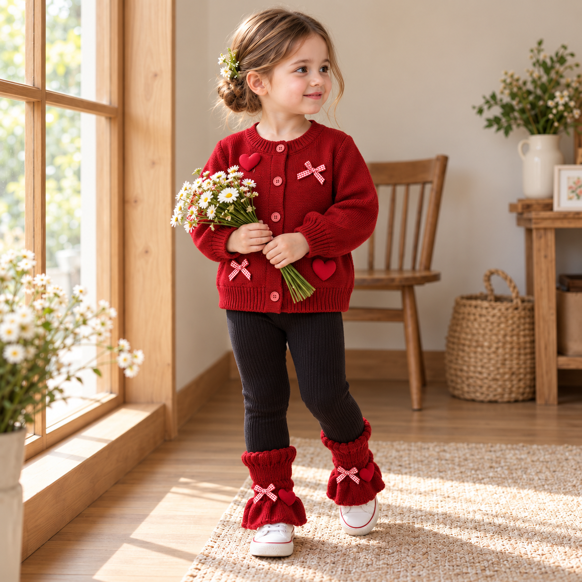 Girl modelling the Red heart applique button-front knit cardigan with gingham bow details and Dark Grey ribbed trousers in a sunlit indoor setting.