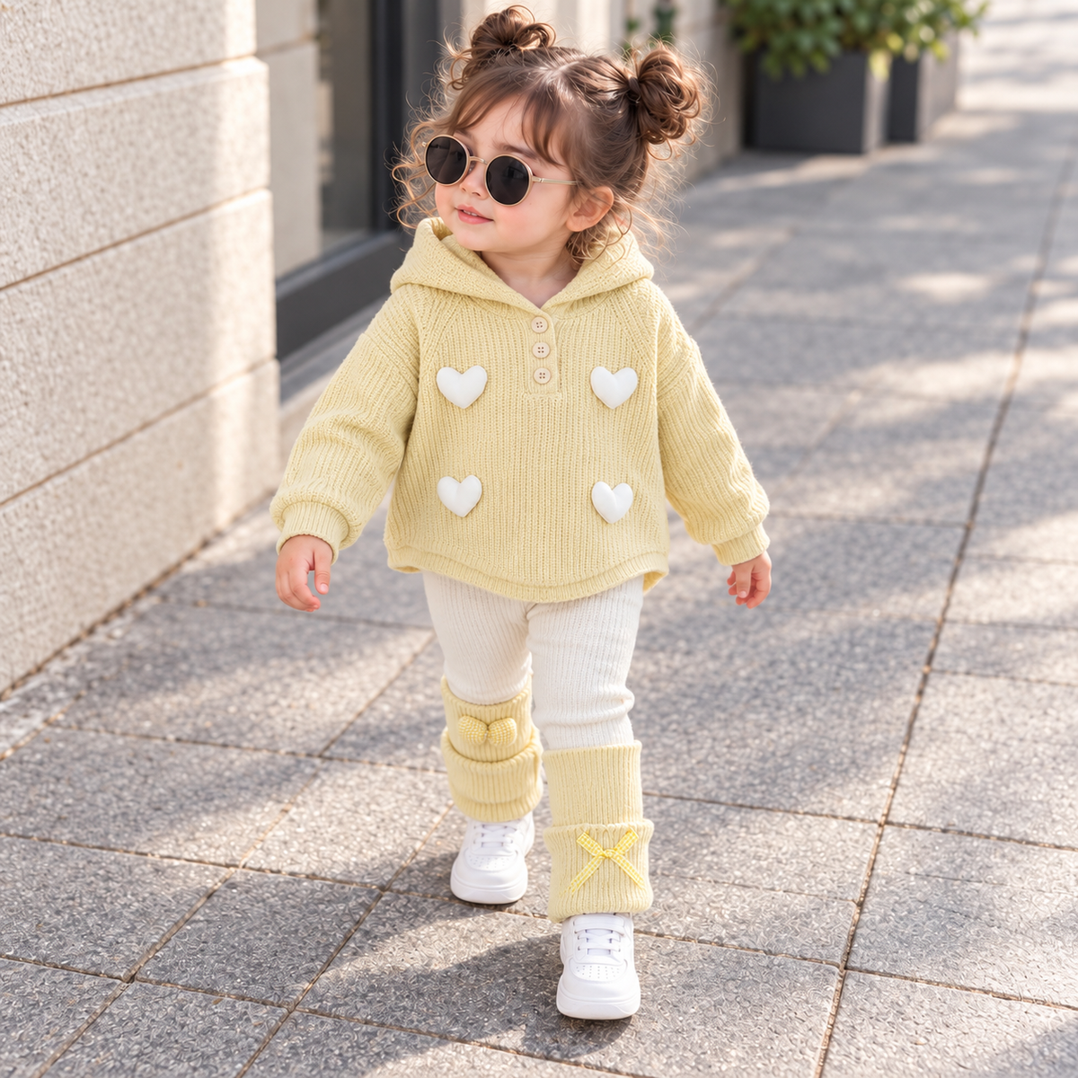 Little girl modelling the Light Yellow heart applique hooded knit-look sweater with Cream ribbed tights and bow-detail ankle cuffs outdoors.