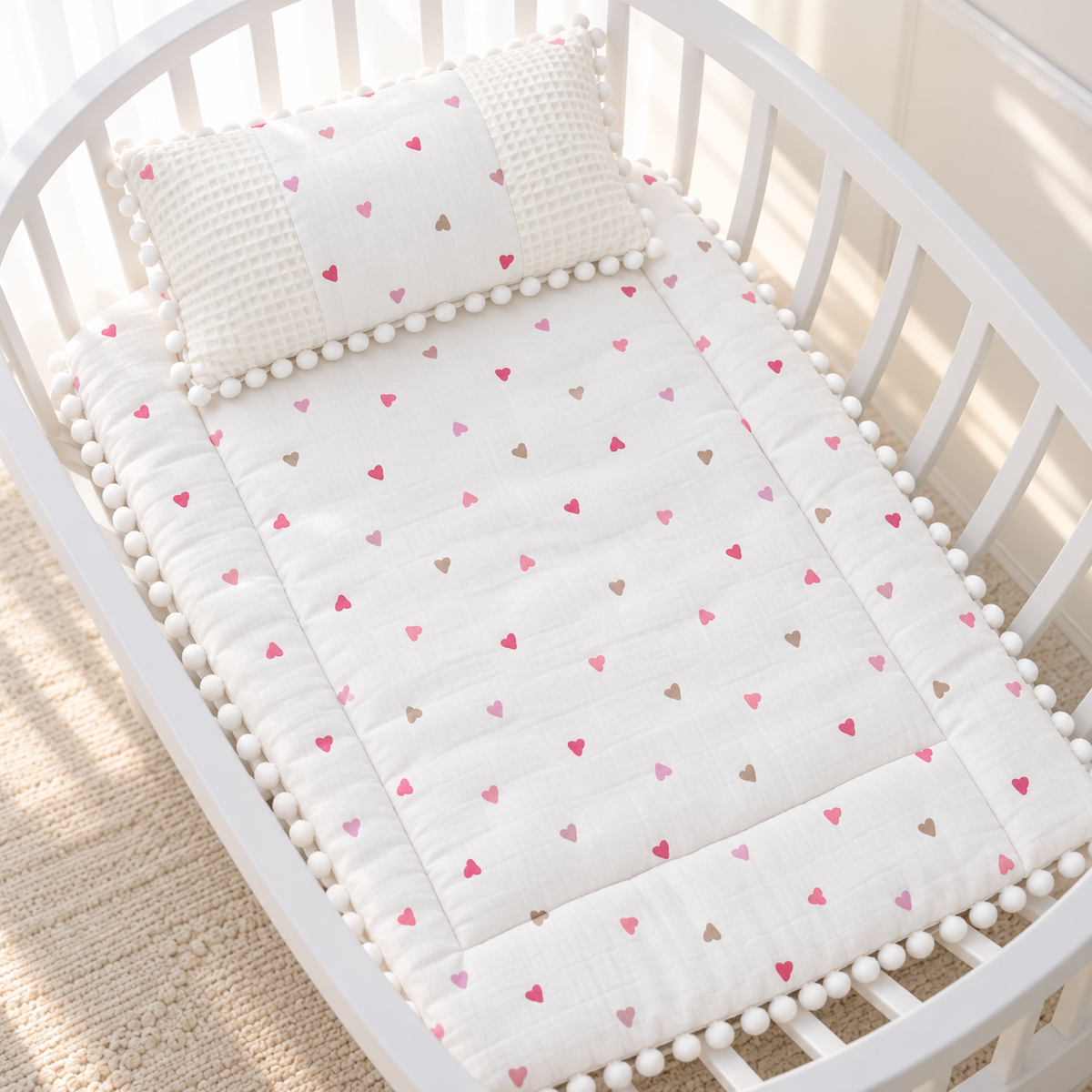 White baby sleeping sheet with scattered Pink and Beige heart print and matching White textured-side pillow, presented in a nursery cot.