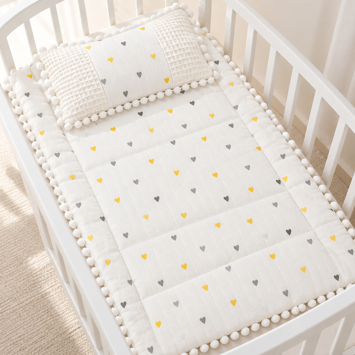 White baby sleeping sheet with small Yellow and Grey hearts and a matching White waffle-textured pillow, finished with pom pom trim.