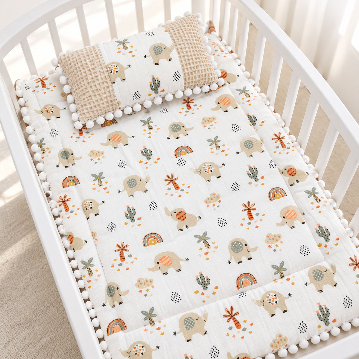 Beige elephant, rainbow and cactus printed baby sleeping sheet with matching waffle-textured pillow, displayed in a White crib.