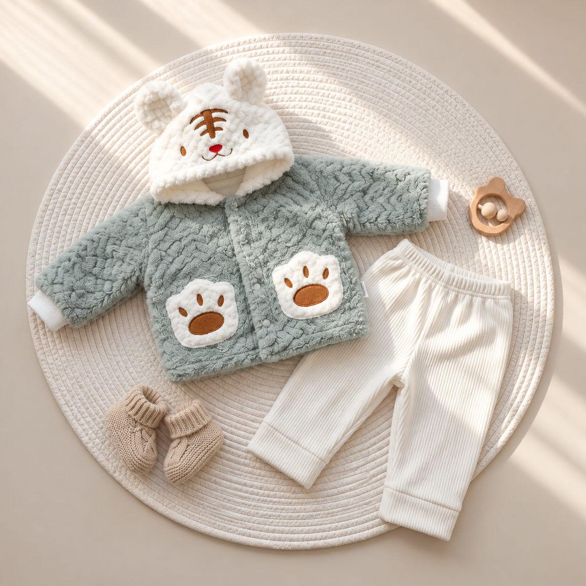 Mint Green textured baby hooded shirt and White ribbed trouser 2-piece set, presented flat with an embroidered tiger-face hood and rounded ears.