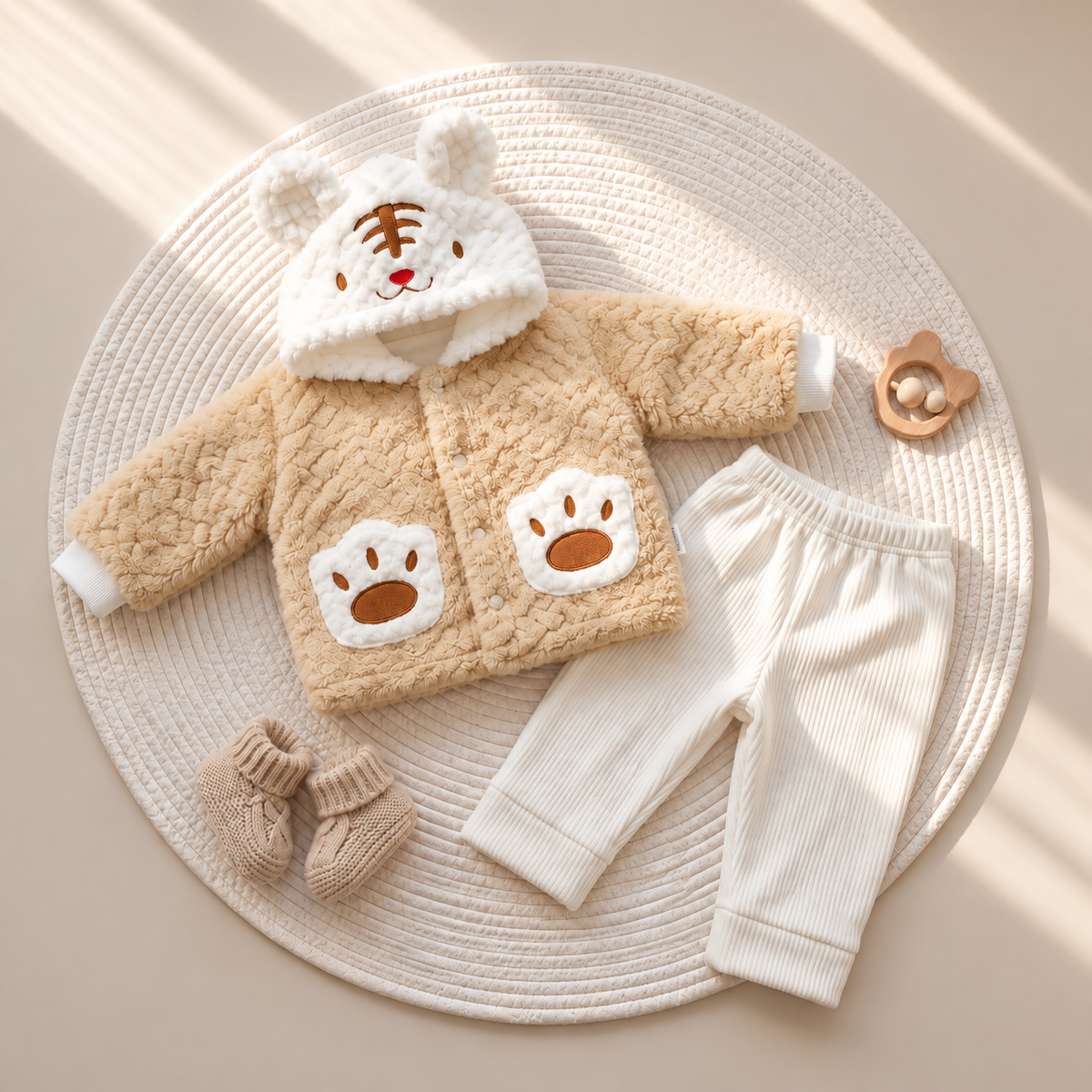 Beige baby tiger paw hooded shirt with White ribbed trousers laid out on a round woven mat, showing the fluffy tiger hood and front paw details.