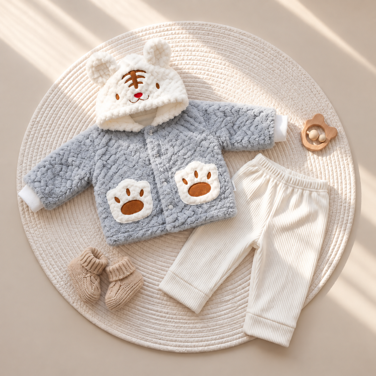 Grey baby tiger paw hooded shirt and White ribbed trouser 2-piece set displayed flat, featuring a textured top, tiger-face ear hood and paw appliques.