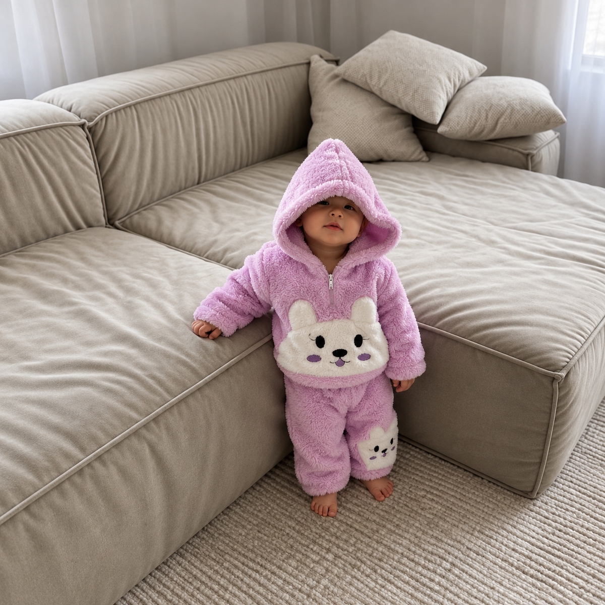 Baby wearing the Purple fluffy hooded jacket and trouser 2pc suit indoors, with the large Cream bunny face visible across the lower jacket front.