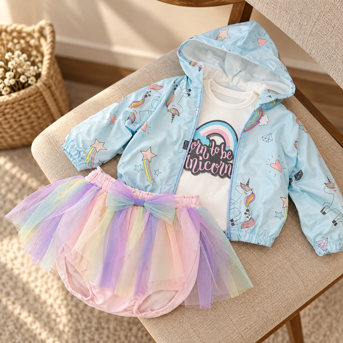 Sky Blue baby unicorn 3-piece outfit on a chair with printed hooded jacket, rainbow slogan bodysuit and layered multicolour pastel tulle skirt.