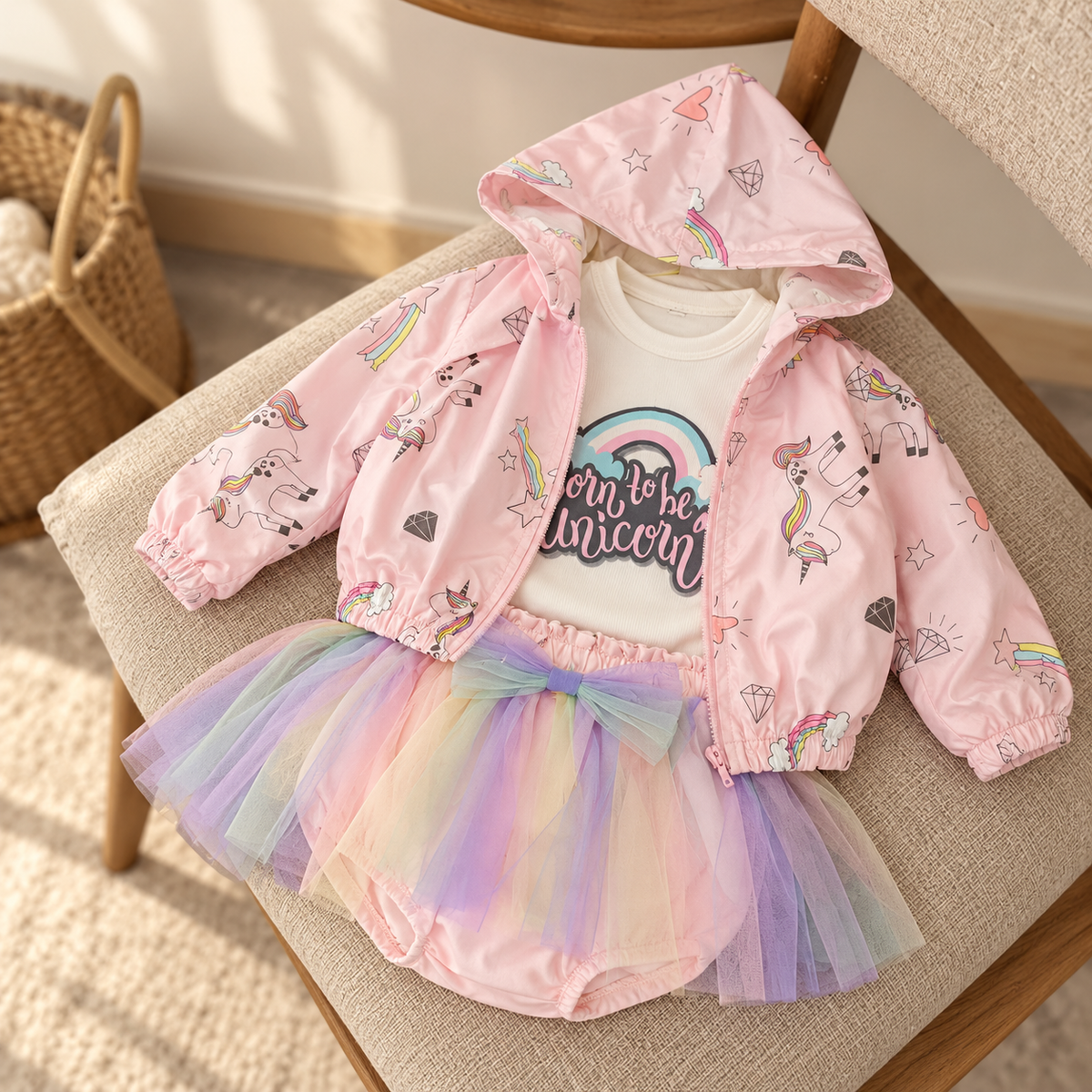 Pink baby unicorn 3-piece set displayed on a chair, featuring a unicorn-print hooded zip jacket, Born to be Unicorn rainbow bodysuit and pastel tulle skirt.