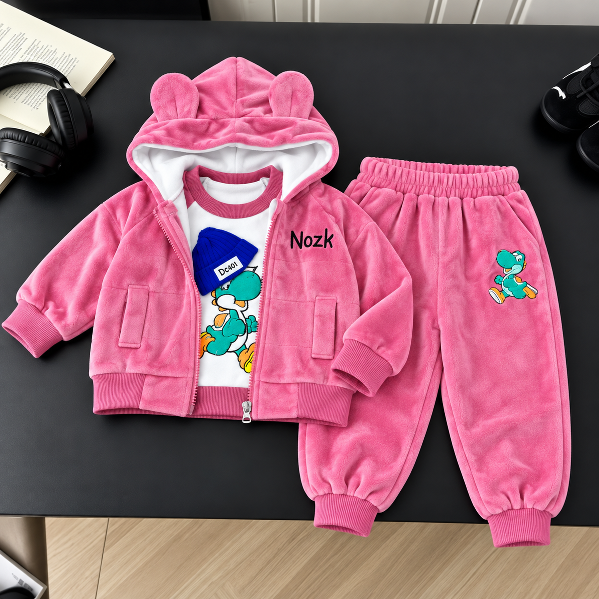 Bright Pink velvet baby 3-piece suit laid flat with a rounded-ear hood, front-pocket zip jacket, dinosaur-print shirt and elastic-waist trousers.
