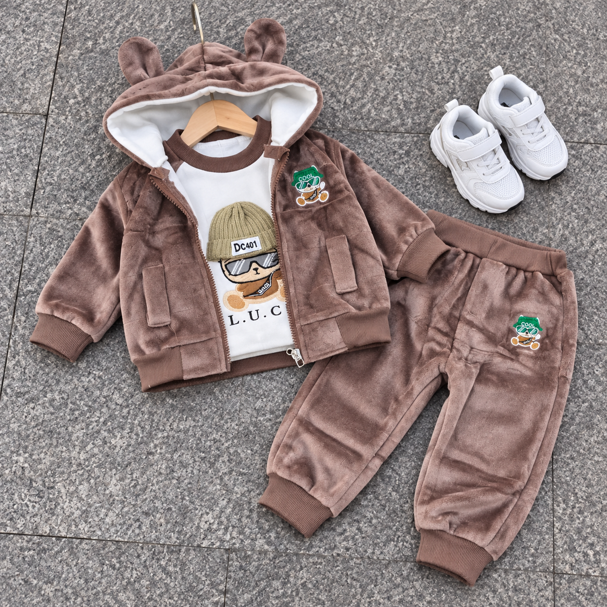 Light Brown kids bear-ear hooded velvet 3-piece suit showing the White-lined hood, front patch pockets and cuffed trousers.