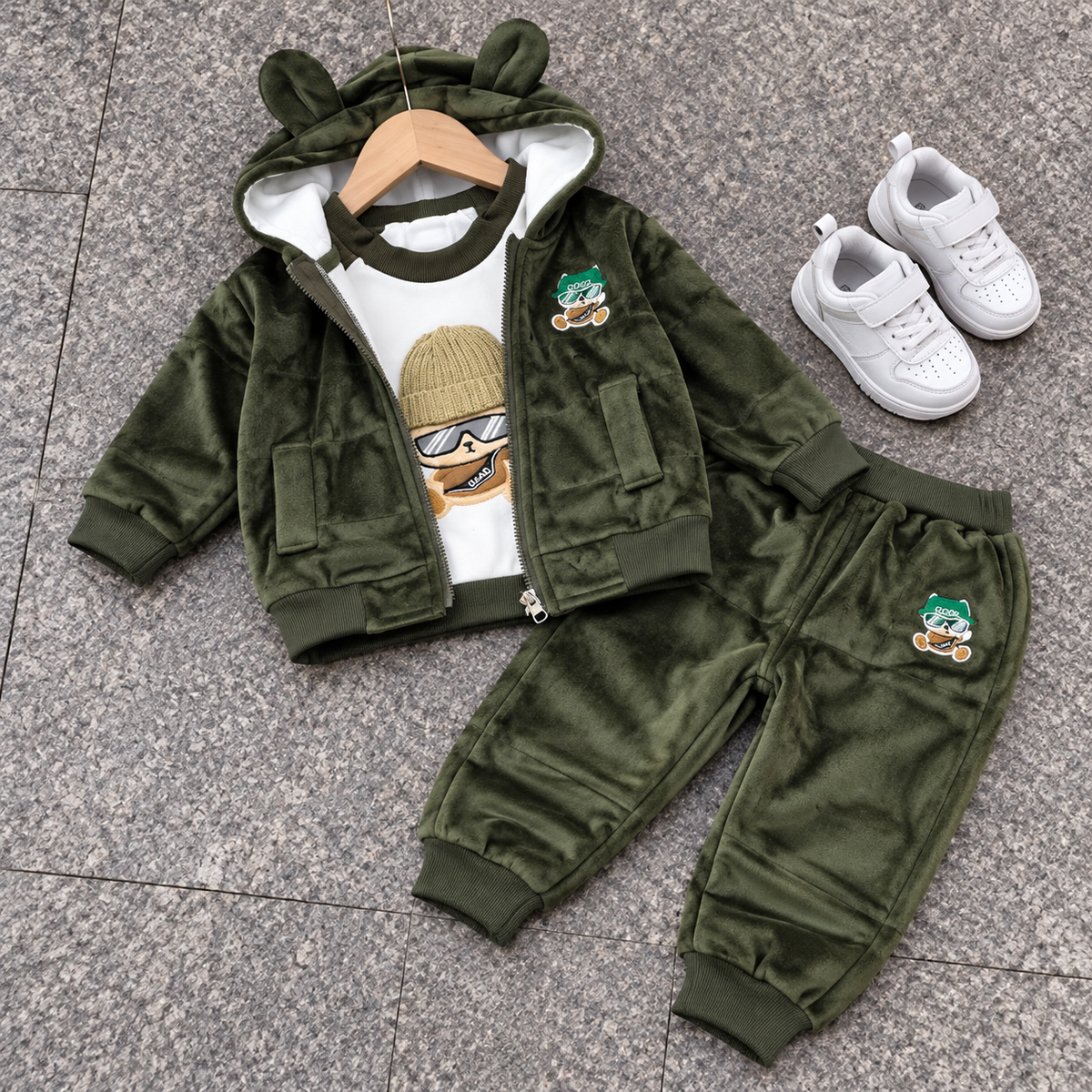 Dark Olive Green kids bear-ear hooded velvet 3-piece suit with open zip jacket, printed inner shirt and cuffed jogger trousers.