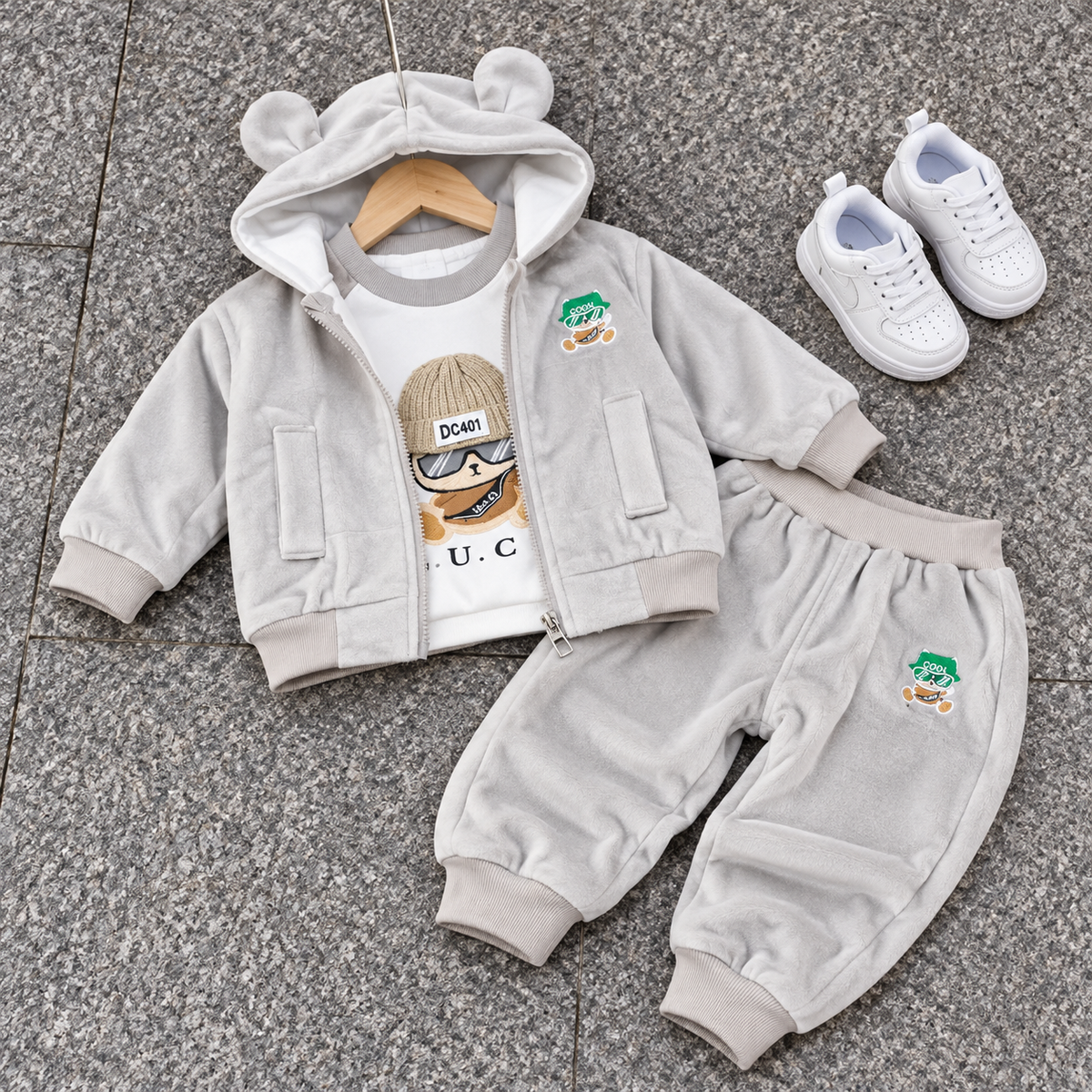 Light Grey kids velvet jacket, shirt and trouser 3-piece suit presented flat with White hood lining and rounded ear details.