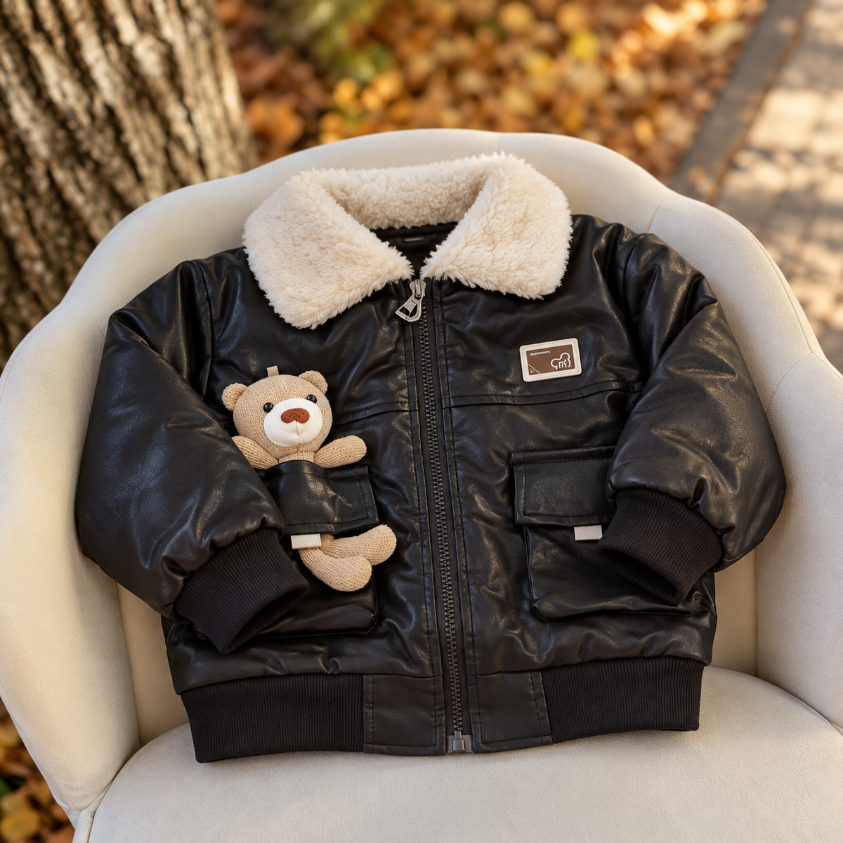 Black kids leather-look winter jacket displayed on a cream chair, featuring a Cream plush collar, zip front, teddy bear applique and flap pockets.