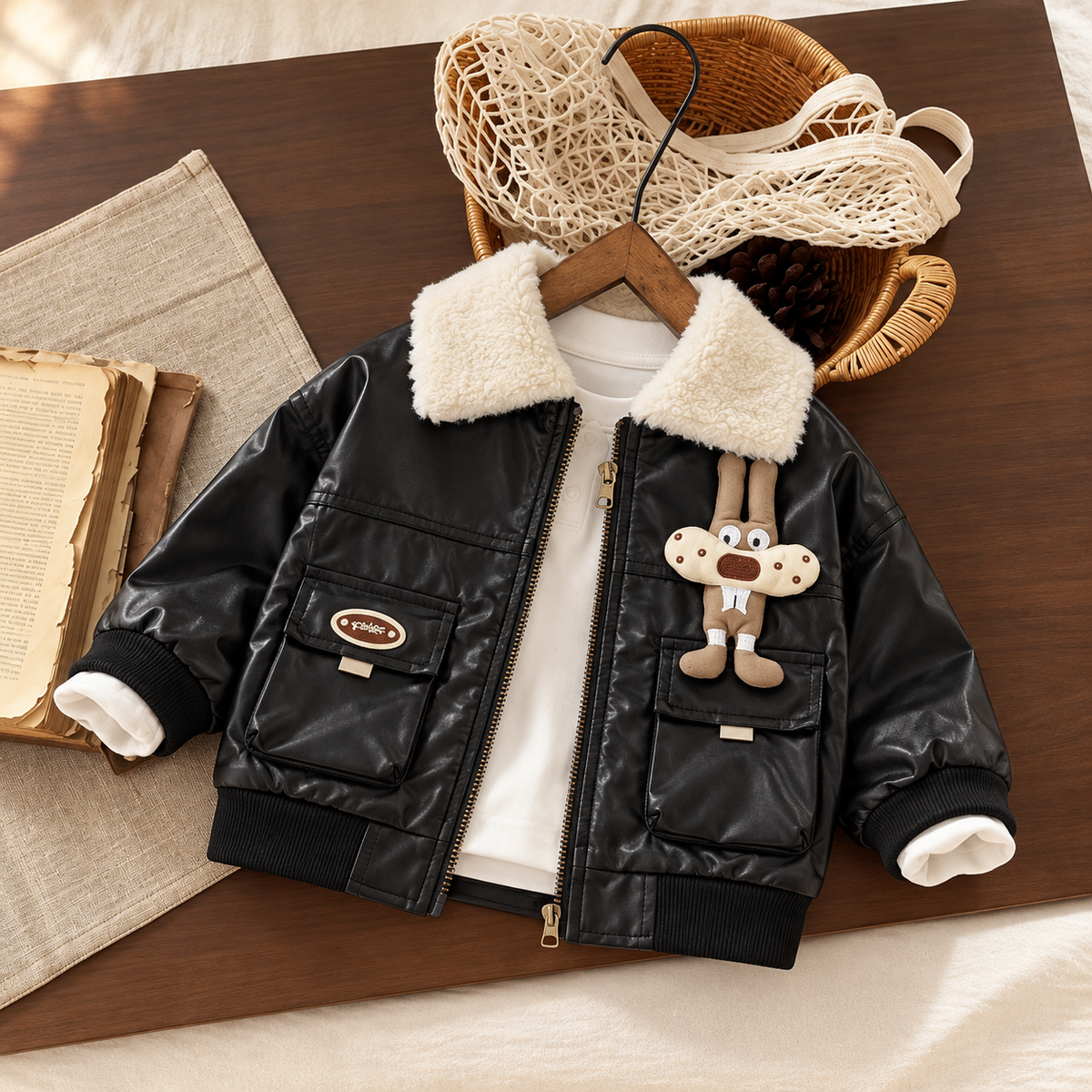 Black kids leather-look winter jacket displayed flat on a wooden table, showing its plush Cream collar, zip front, ribbed hem and bunny patch above the pocket.