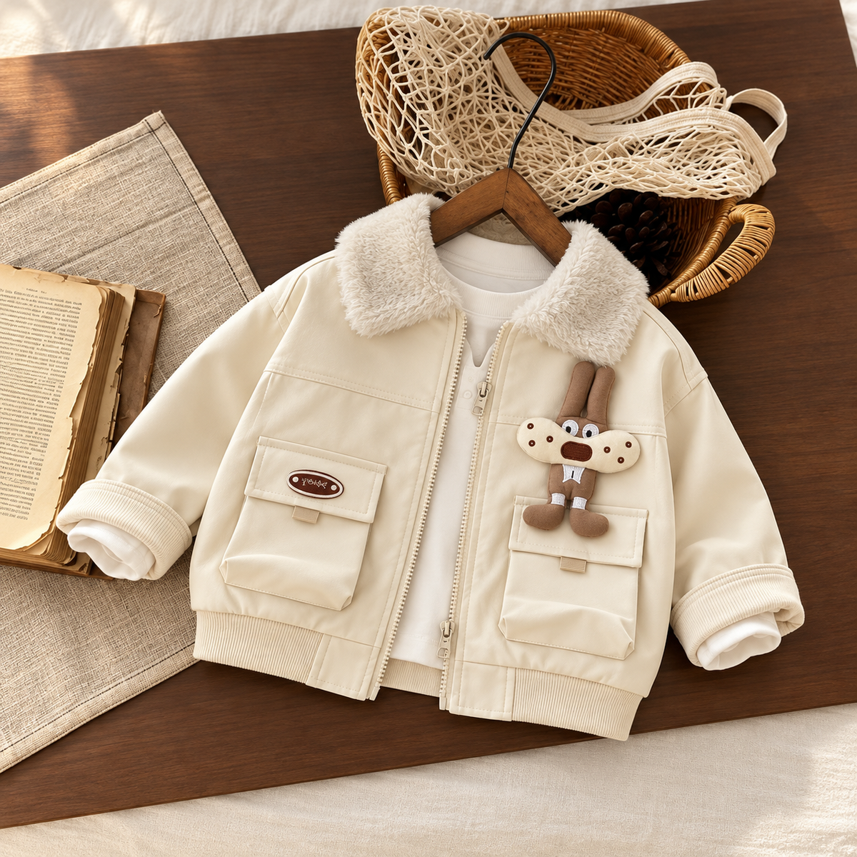 Cream kids leather-look zip jacket displayed flat with a soft Cream plush collar, ribbed trims, two flap pockets and long-eared bunny character detail.