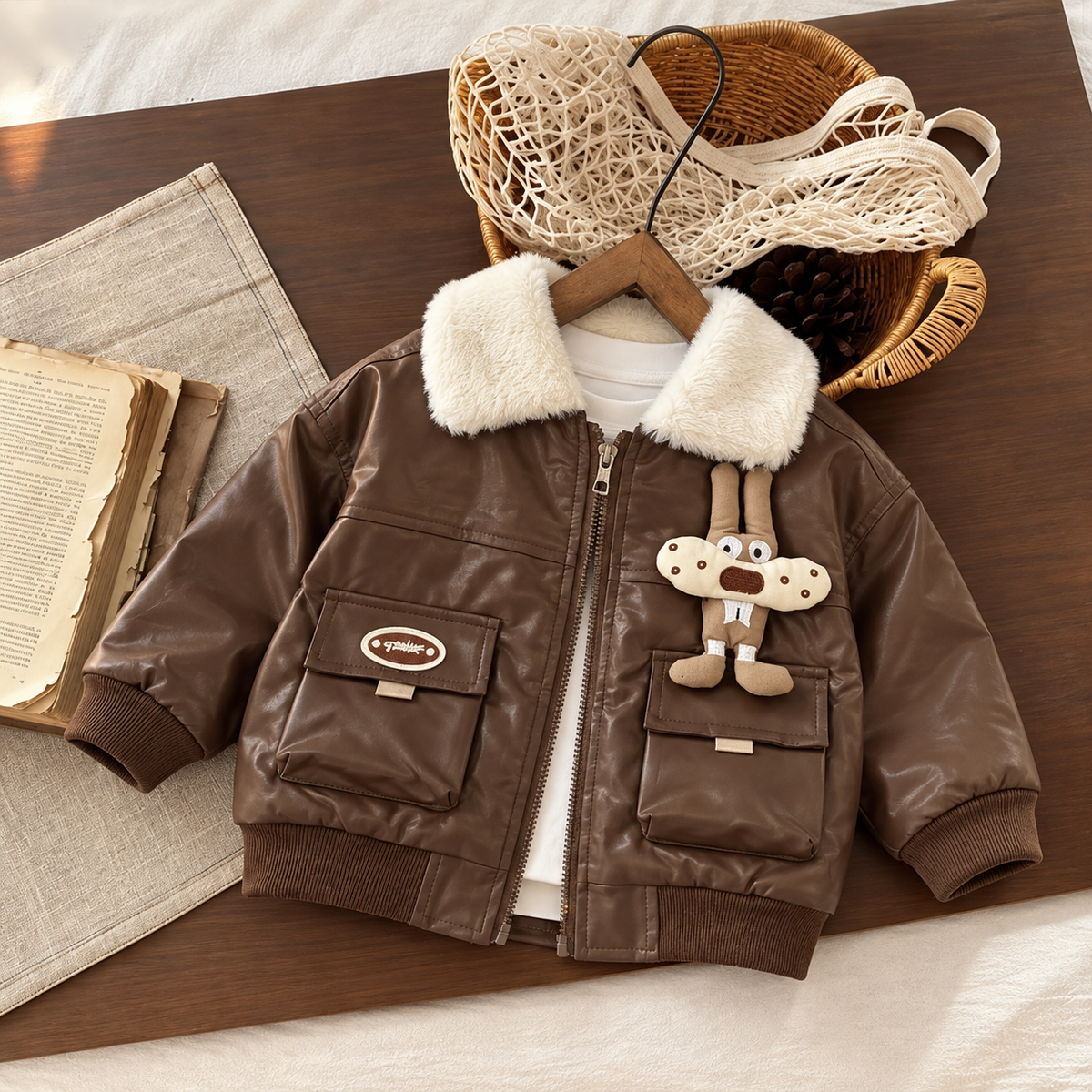 Brown kids leather-look winter jacket displayed flat on a wooden table, featuring a Cream plush-look collar, front zip, flap pockets and raised bunny patch.