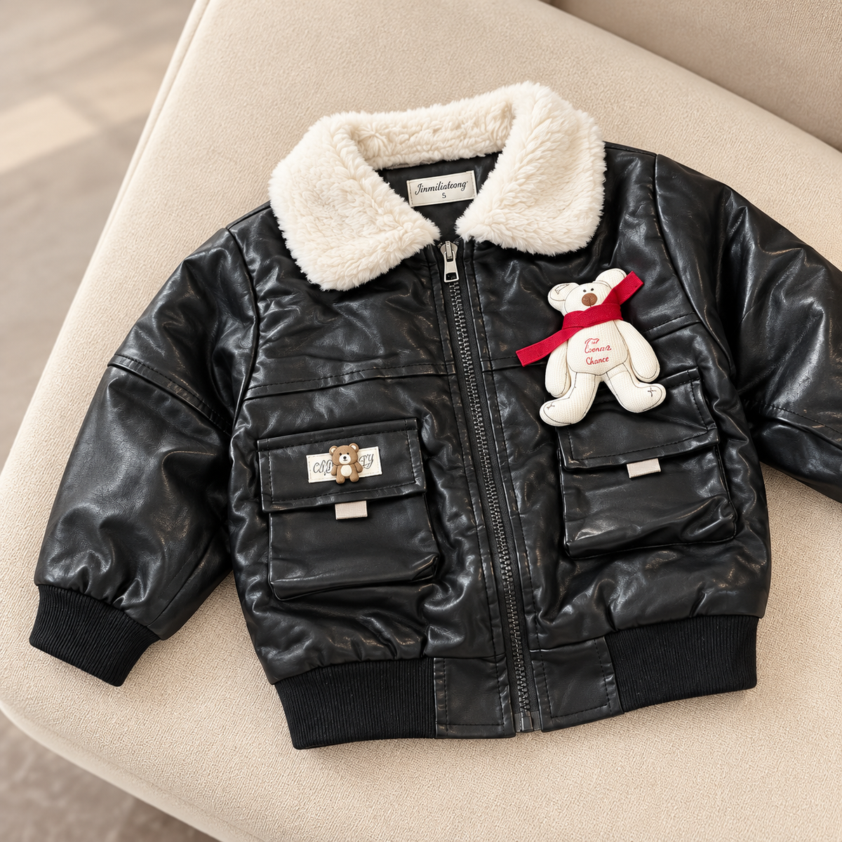 Black kids leather-look winter jacket laid flat on a beige chair, with a soft cream collar, red-ribbon teddy bear patch, ribbed hem and pocket badge.