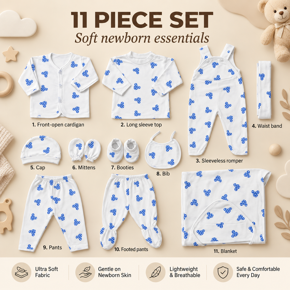 Blue bow-print 11-piece newborn starter set flat lay displaying all coordinated essentials including cardigan, romper, cap, bib, mittens, booties, pants and blanket.