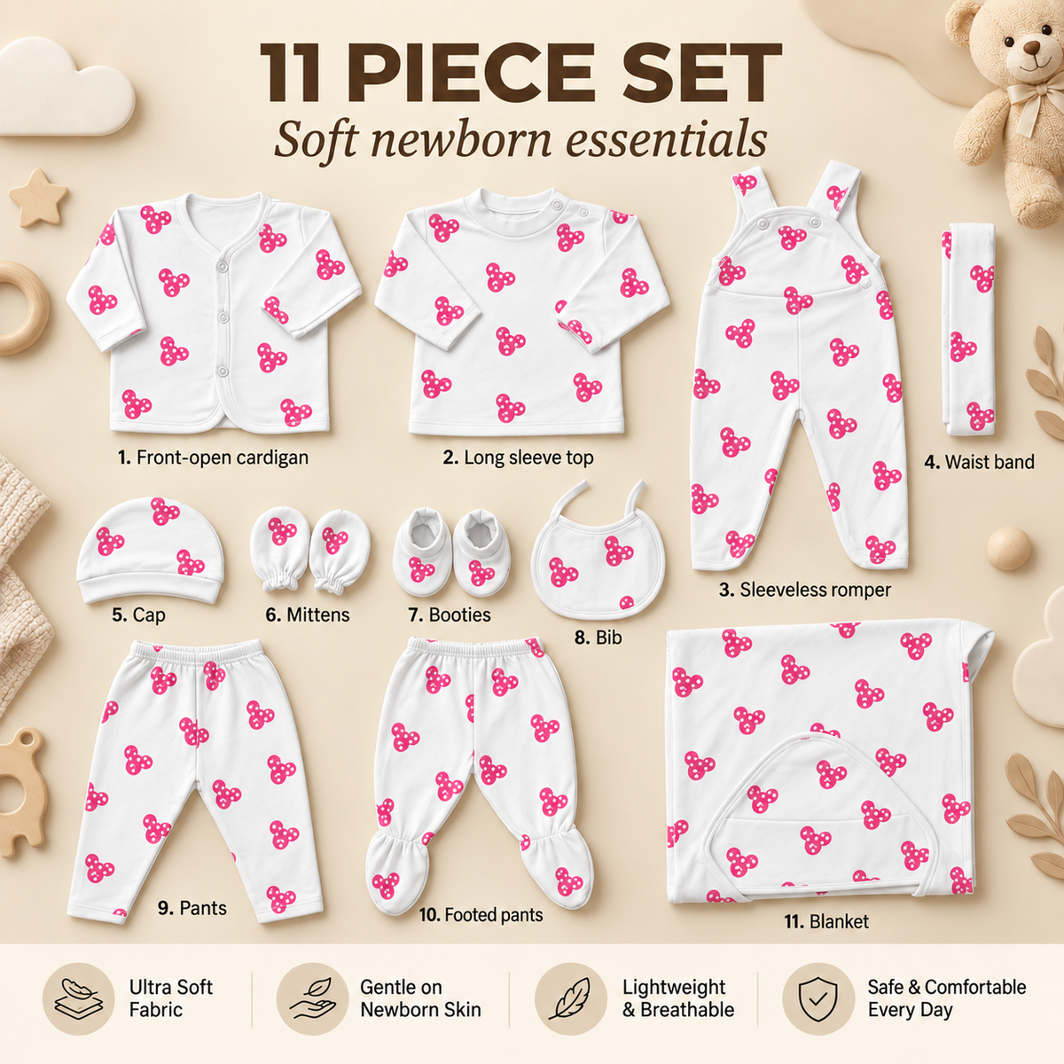 Pink bow-print 11-piece newborn starter set flat lay with labelled cardigan, long-sleeve top, sleeveless romper, waistband, cap, mittens, booties, bib, pants, footed pants and blanket.