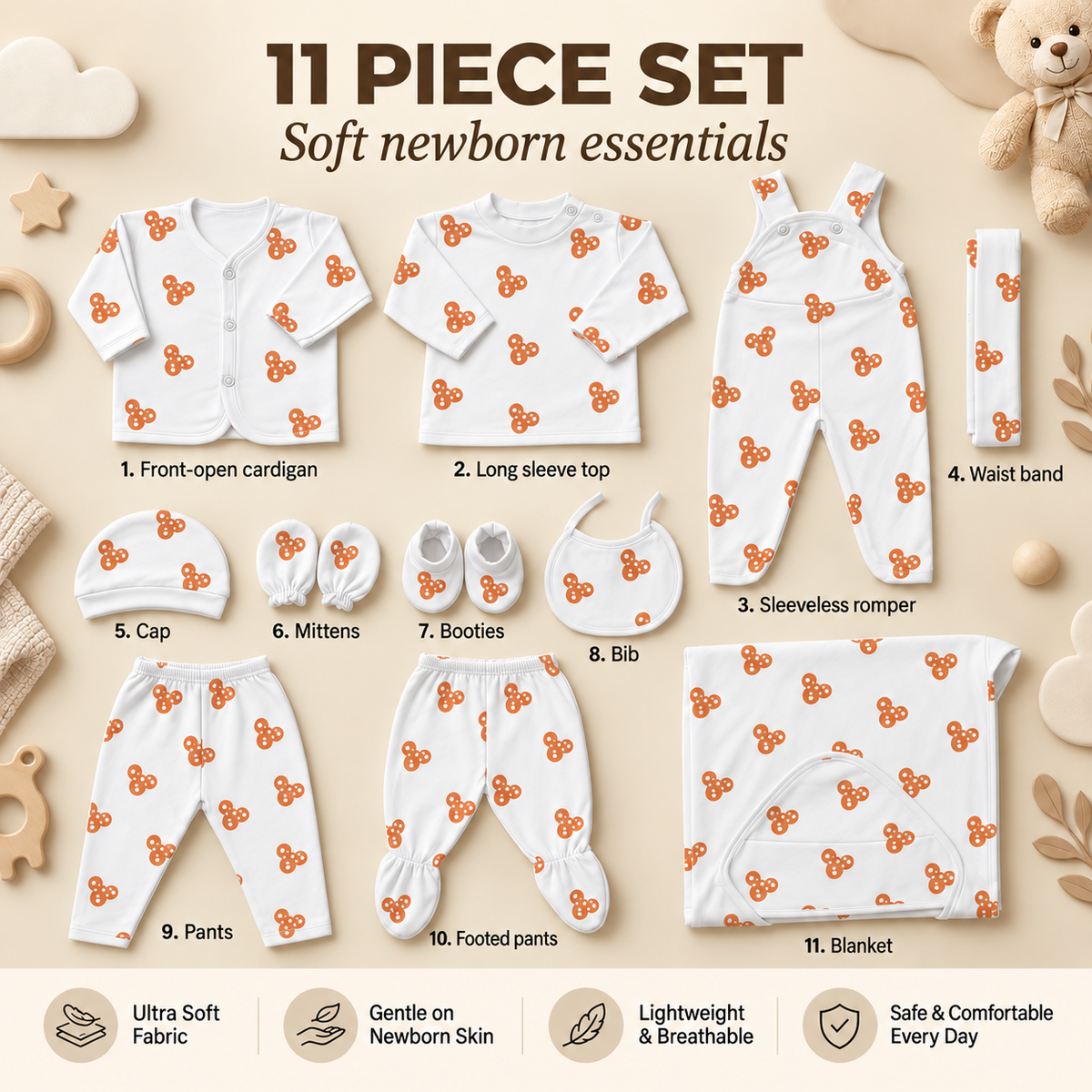 Brown bow-print 11-piece newborn starter set layout showing the front-open cardigan, long-sleeve top, sleeveless romper, waistband, cap, mittens, booties, bib, pants, footed pants and blanket.