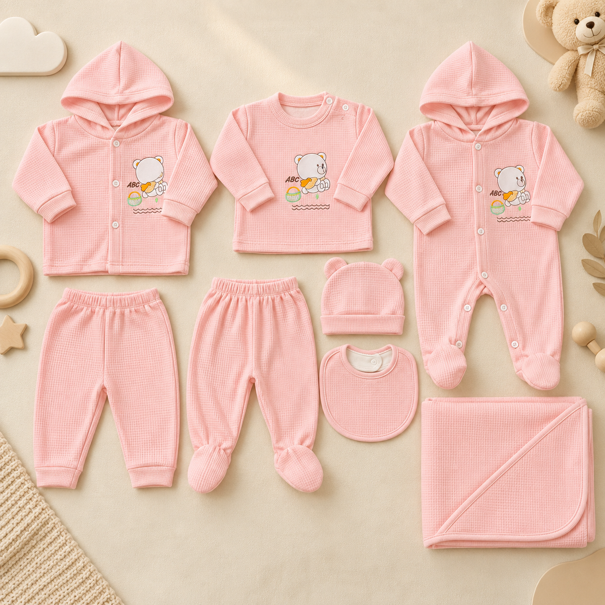 Pink bear waffle newborn 8-piece starter set flat lay featuring the matching hooded cardigan, printed top, footed romper, trousers and blanket.