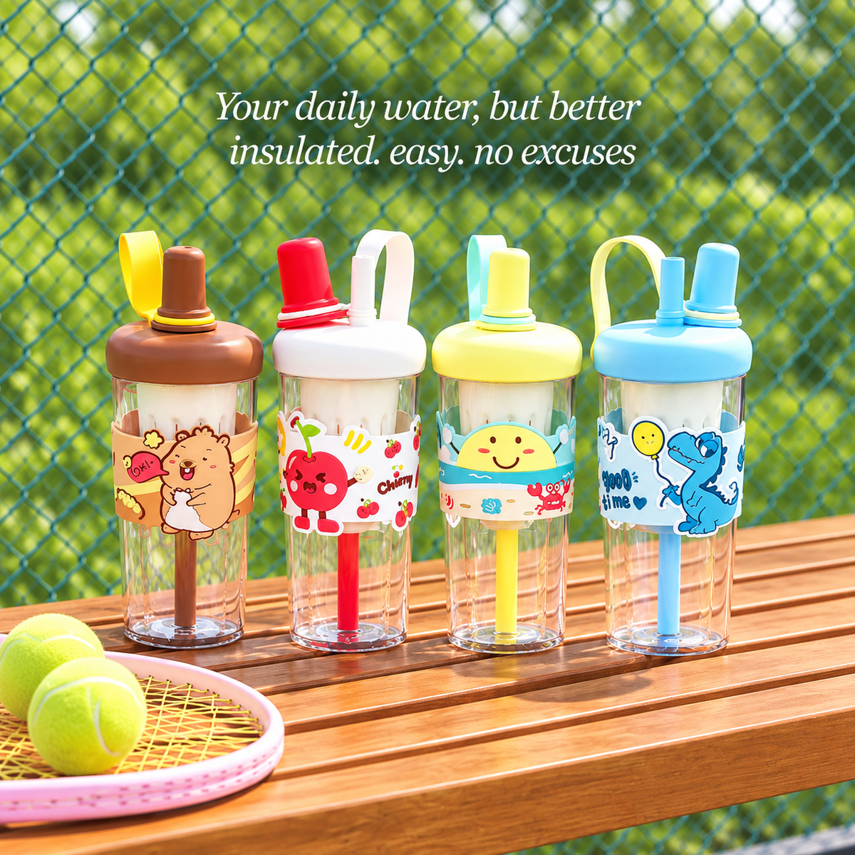 Four kids cartoon straw tumblers displayed outdoors together in brown, white and red, yellow, and blue colourways with matching straws and carry loops.