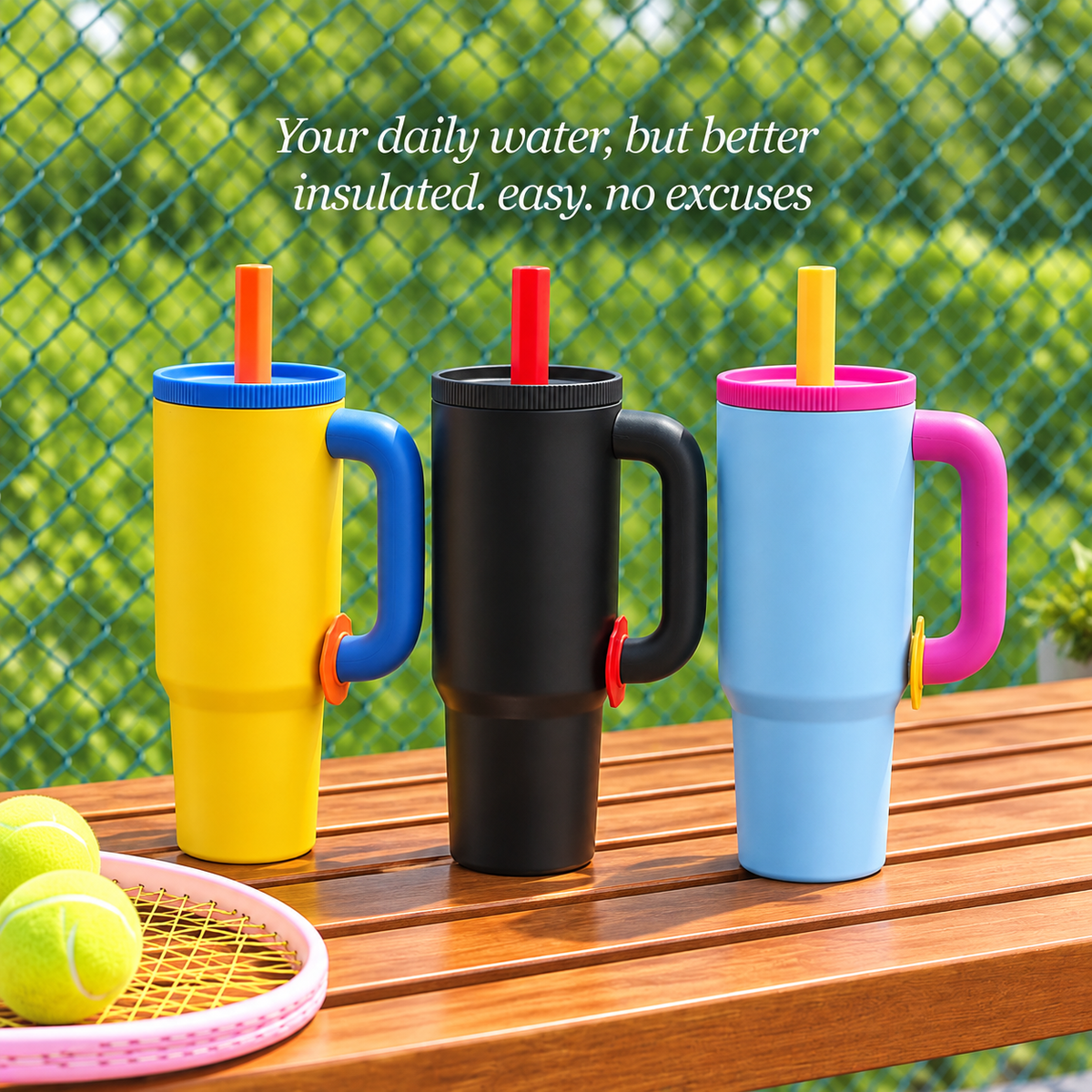Three insulated straw handle tumblers displayed outdoors on a wooden table: yellow with blue handle, black with red straw, and blue with pink handle.
