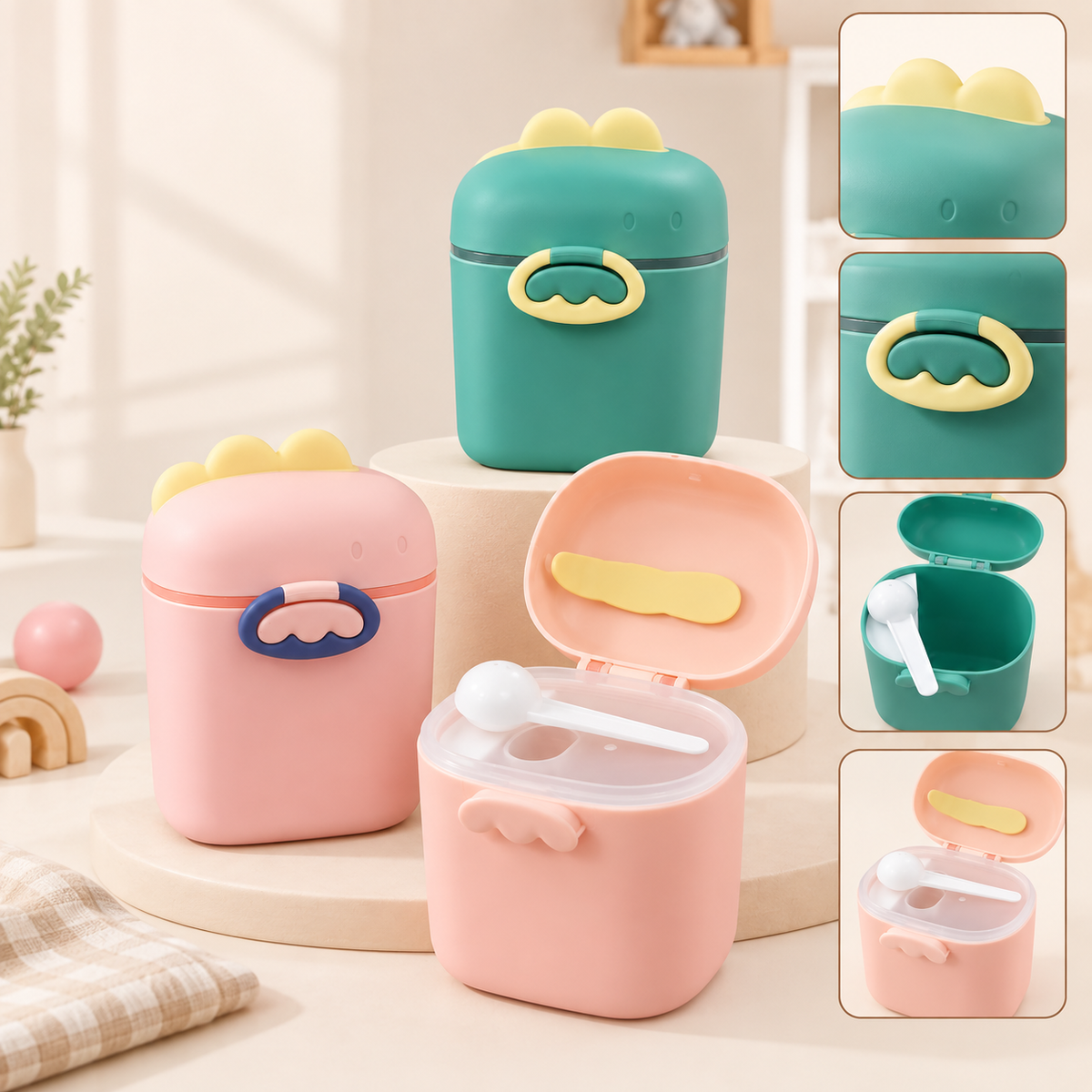 Green and peach dinosaur milk powder containers displayed together, with close-up panels showing the raised lid, front detail and inner scoop compartment.
