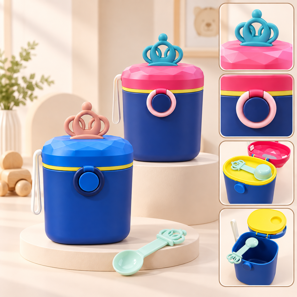 Blue milk powder container with pink faceted crown lid, yellow trim, round front clasp detail and scoop shown in feature panels.